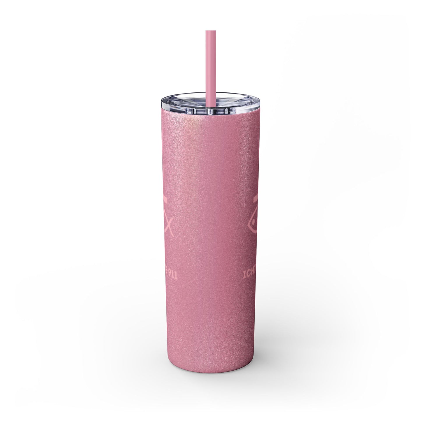 ICHTHYS 911 Pink Font Faith-Inspired Skinny Tumbler with Straw - 20oz
