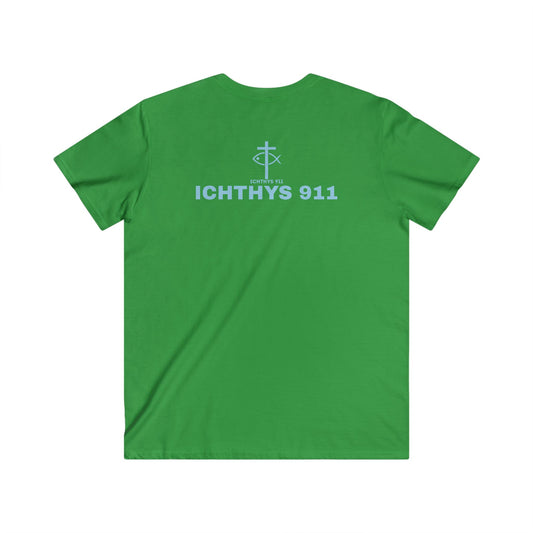 "Authentic" Collection - Men's Fitted V-Neck Short Sleeve T - Shirt - W/O IC 911 on Back - Faith-Inspired - Christian Faith - ICHTHYS 911 - Blue Font