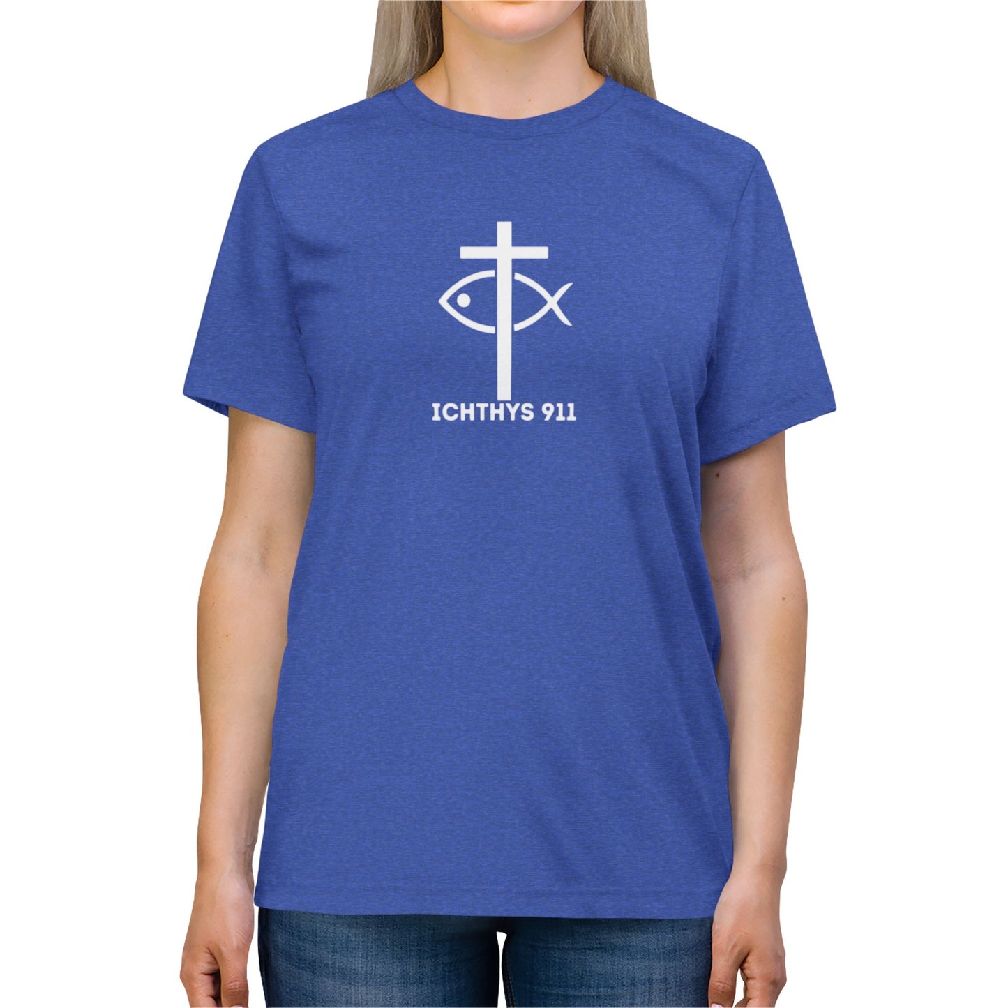 ICHTHYS 911 - White Font - "Iēsous Christos, Theou Yios, Sōtēr" - Faith-Inspired Unisex Tri-blend Tee- Graphic Shirt - Unisex - Women -T - Men -T