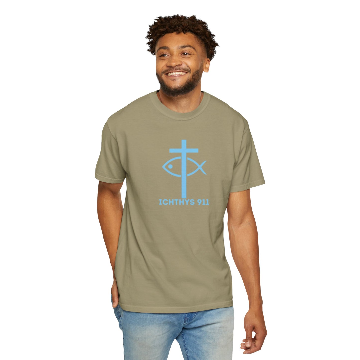 Iēsous Christos, Theou Yios, Sōtēr - Blue Font - Garment-Dyed Unisex T-Shirt - Men T-Shirt - Women T-Shirt - Christian Symbol - Greek - Faith Inspired -Christian Streetwear – Jesus Gym & Faith Fashion, Unisex Garment -ICHTHYS 911 - Additional Colors