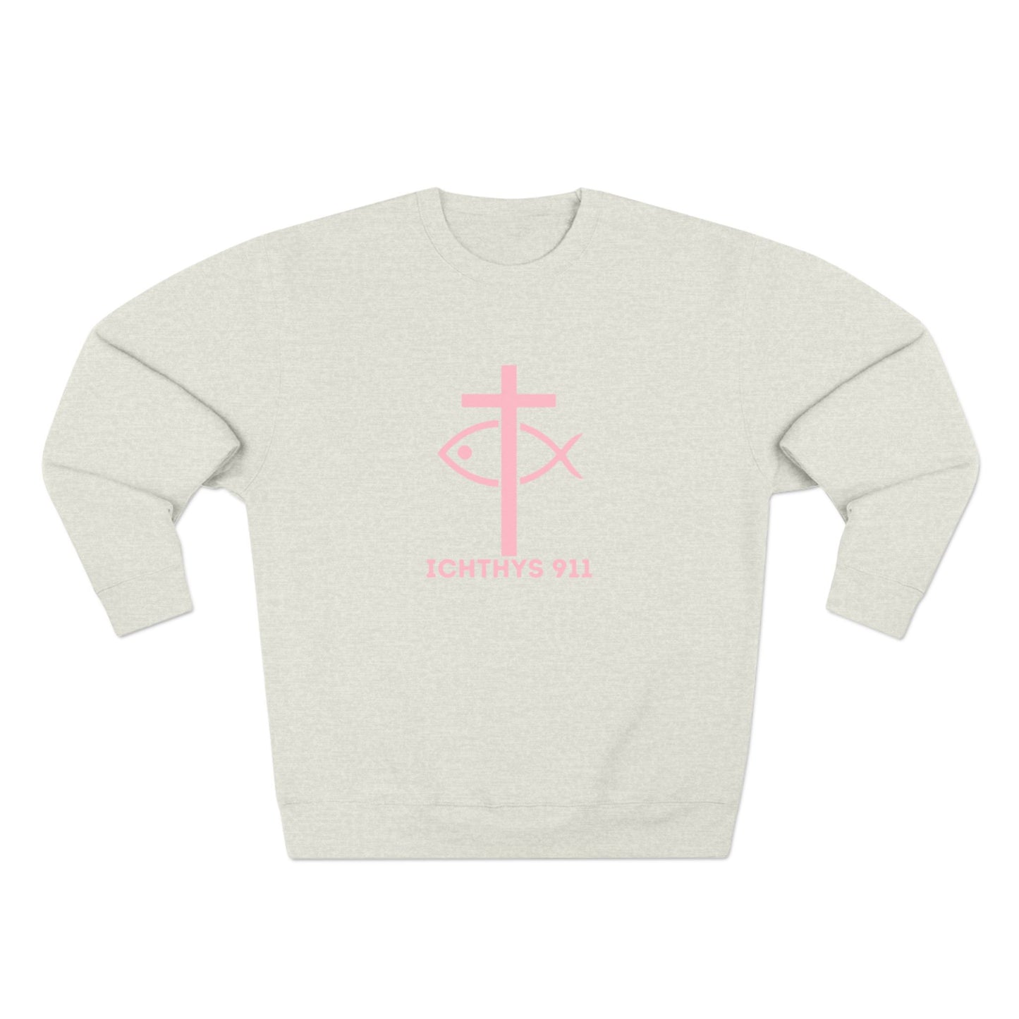 ICHTHYS 911 Minimal Pink Cross Crewneck Sweatshirt — Unisex -