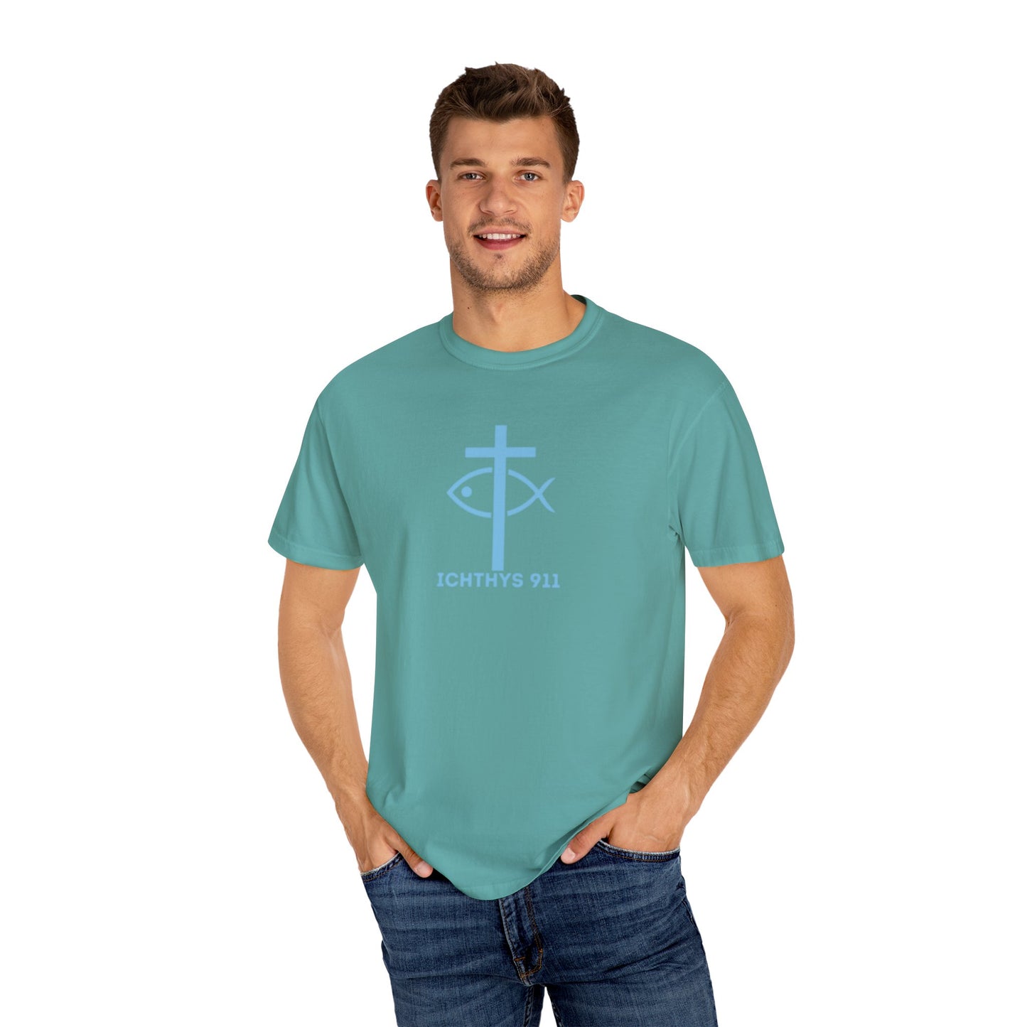 Iēsous Christos, Theou Yios, Sōtēr - Blue Font - Garment-Dyed Unisex T-Shirt - 100# US Cotton -Men T-Shirt - Women T-Shirt - Faith Inspired - Unisex Garment - ICHTHYS 911 - Blue Font - Heavy Duty Shirt
