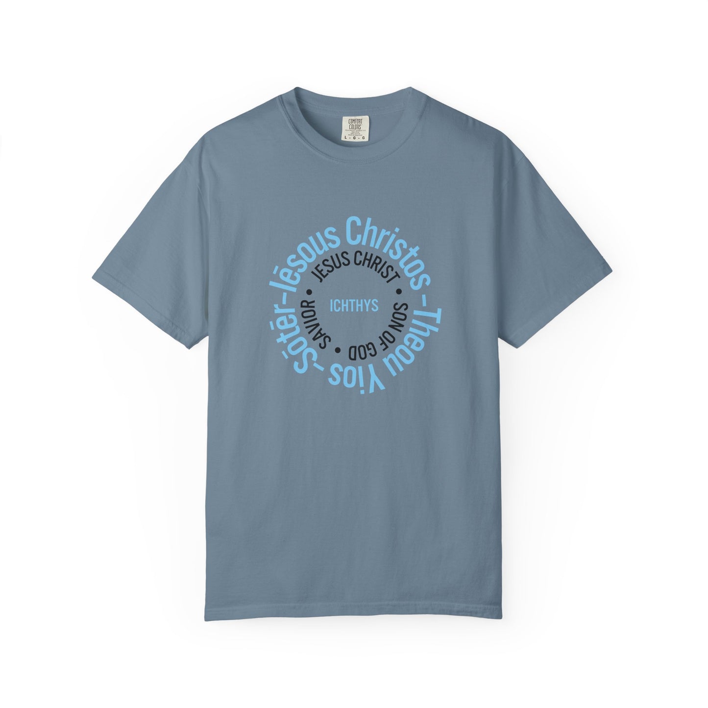 ICHTHYS 911 Blue Font "Iēsous Christos, Theou Yios, Sōtēr" - Reverse - Collection - Unisex - Christian Graphic Tee - Gym - T - Christian Faith - Jesus Wear - Women T-Shirt - Men T-Shirt