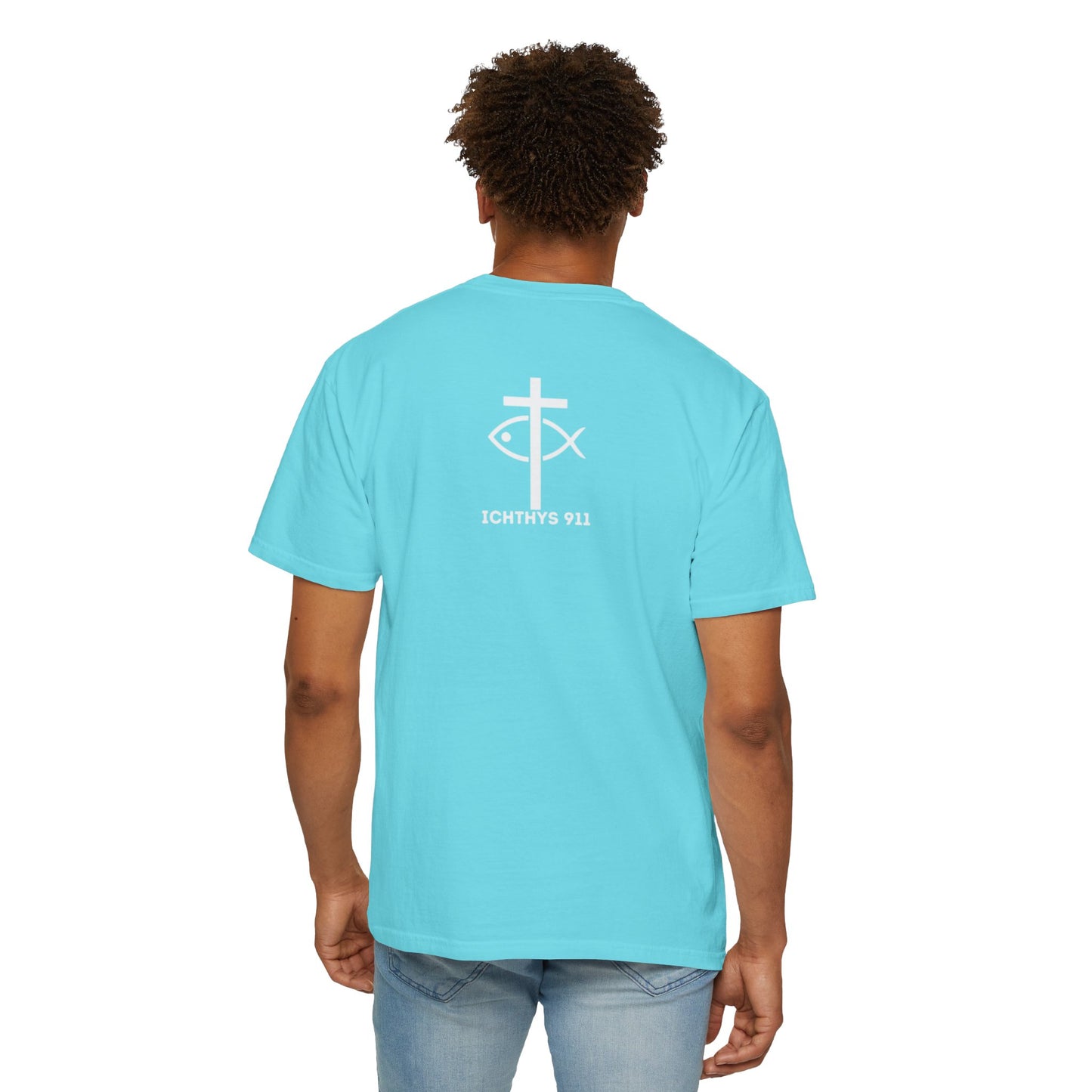 ICHTHYS 911 - "God Sees the Heart" Reverse Design - White Font - Unisex Garment - Dyed T-Shirt - 100% US Cotton - Men T-Shirt - Women T-Shirt - Inspirational Graphic T-Shirt for Everyday Motivation