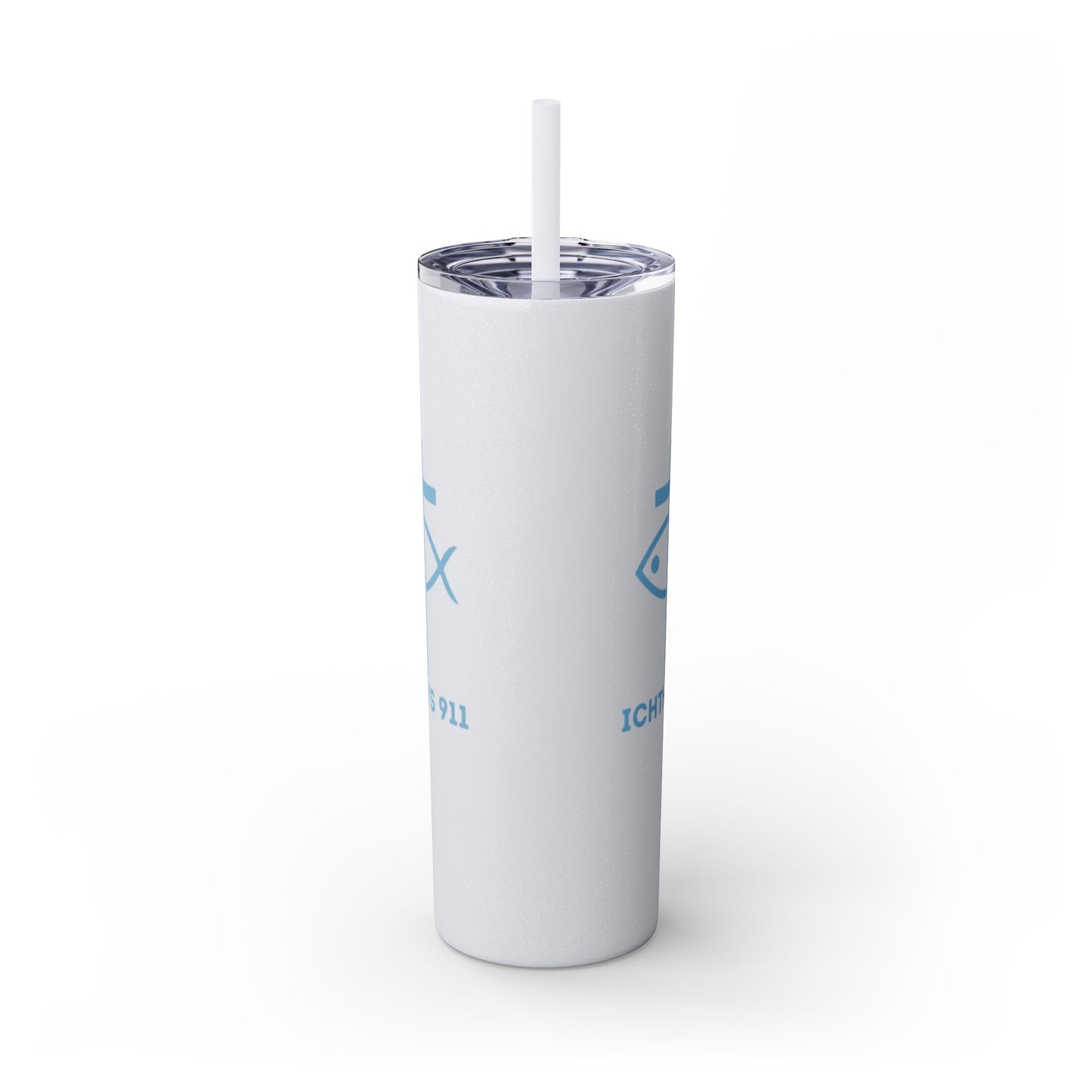 ICHTHYS 911 - Blue Font - Faith-Inspired Skinny Tumbler with Straw - 20oz Baby Shower Drip