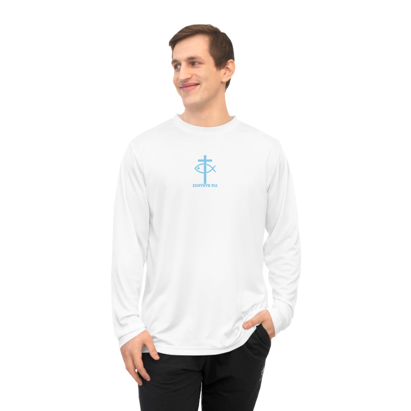 ICHTHYS 911 "Rise & Conquer Romans 8:38"  Unisex Performance Long Sleeve Shirt - Men - Women - 100% Moisture-Wicking Poly - Christian Activewear