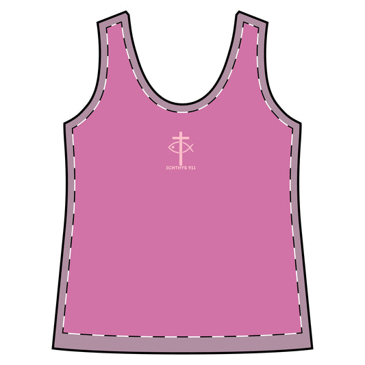 ICHTHYS 911 Pink Font "Run With Endurance Hebrew 12:1" - Sporty Racerback Tank for Women - Perfect for Active Lifestyle & Casual Wear -Women T-Shirt - Tank