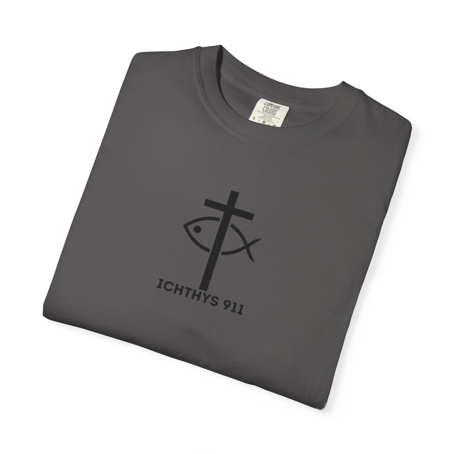 ICHTHYS 911 - Authentic - Christian Streetwear T-Shirt – Jesus Gym & Faith Fashion - Men T-Shirt - Women T-Shirt -Unisex Garment-Dyed T-Shirt Black Font