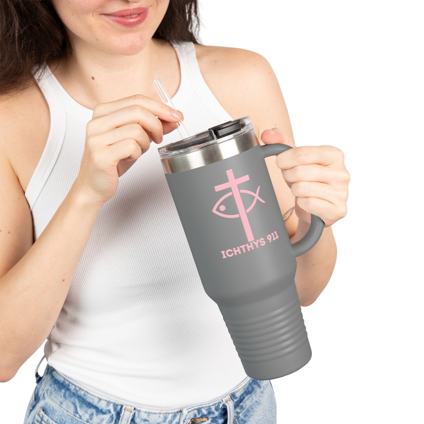 40oz Insulated Travel Mug with Straw - Perfect for On-the-Go Hydration & Outdoor Adventures - Featuring ICHTHYS 911