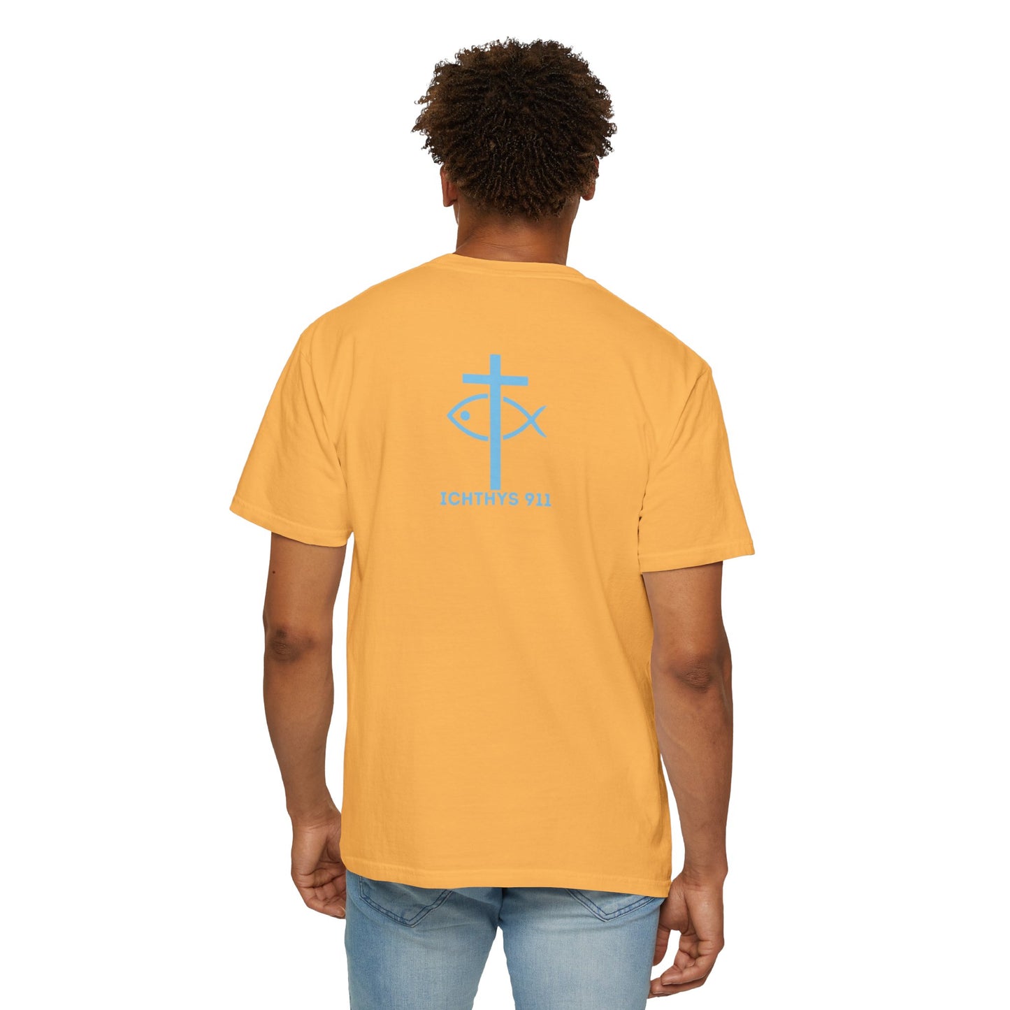 ICHTHYS 911 Blue Font "Iēsous Christos, Theou Yios, Sōtēr" - Reverse - Collection - Unisex - Christian Graphic Tee - Gym - T - Christian Faith - Jesus Wear - Women T-Shirt - Men T-Shirt