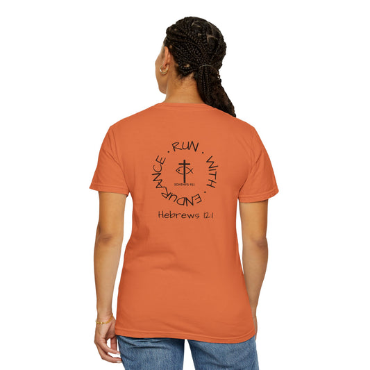 ICHTHYS 911 Black Font - "Run With Endurance Hebrews 12:1" - Unisex Garment Dyed T-Shirt -100% US Cotton - Men T-Shirt - Women T-Shirt - Bible Verse - Christian Faith - Christian Workout