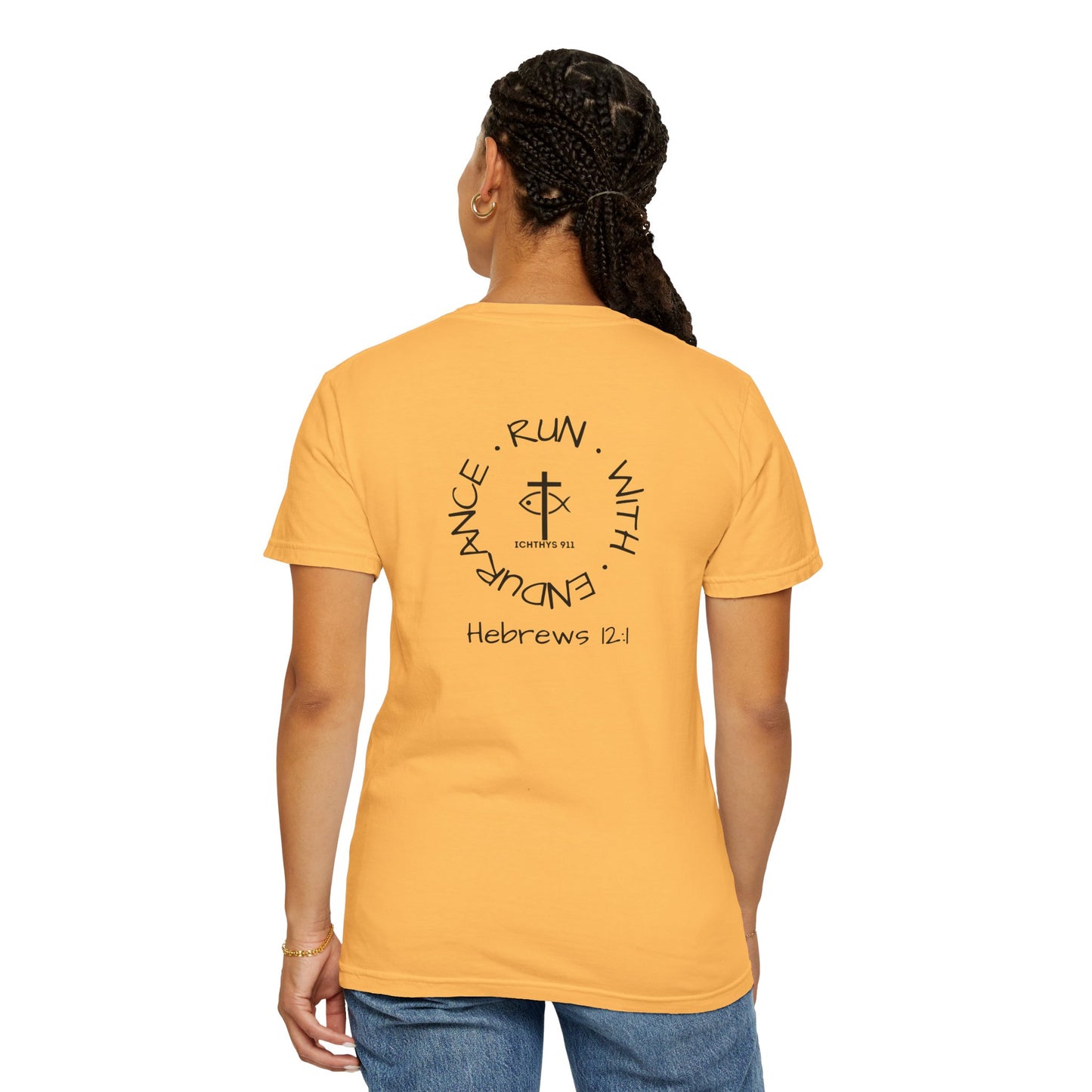ICHTHYS 911 Black Font - "Run With Endurance Hebrews 12:1" - Unisex Garment Dyed T-Shirt -100% US Cotton - Men T-Shirt - Women T-Shirt - Bible Verse - Christian Faith - Christian Workout