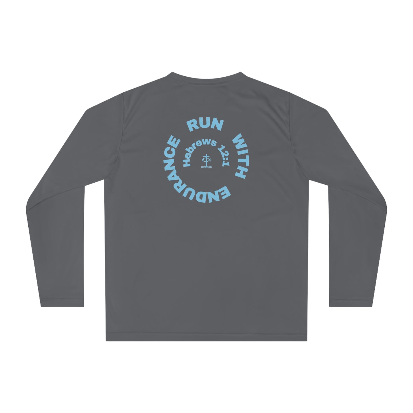 ICHTHYS 911 - Blue Font "Run with Endurance Hebrew 12:1" Reverse Unisex Performance Long Sleeve Shirt - ICHTHYS 911 Christian Activewear