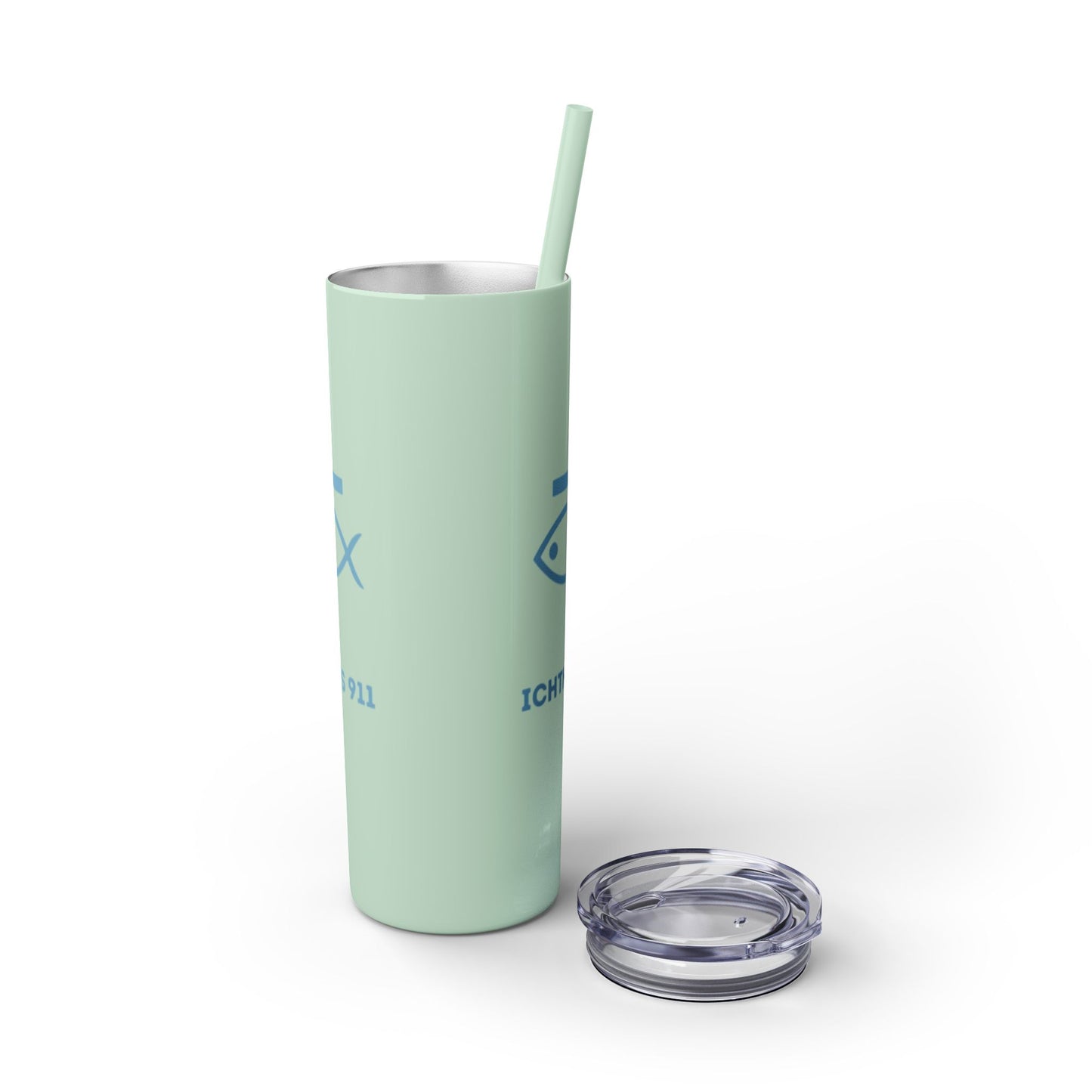 ICHTHYS 911 - Blue Font - Faith-Inspired Skinny Tumbler with Straw - 20oz Baby Shower Drip