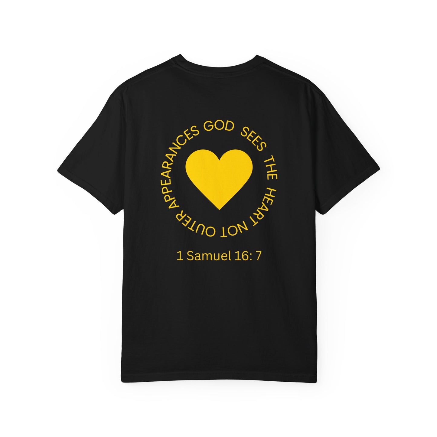 ICHTHYS 911 - "God Sees the Heart" Reverse' Gold Font - Unisex Garment - Dyed T-Shirt - 100% US Cotton - Men T-Shirt - Women T-Shirt - Inspirational Graphic T-Shirt for Everyday Motivation