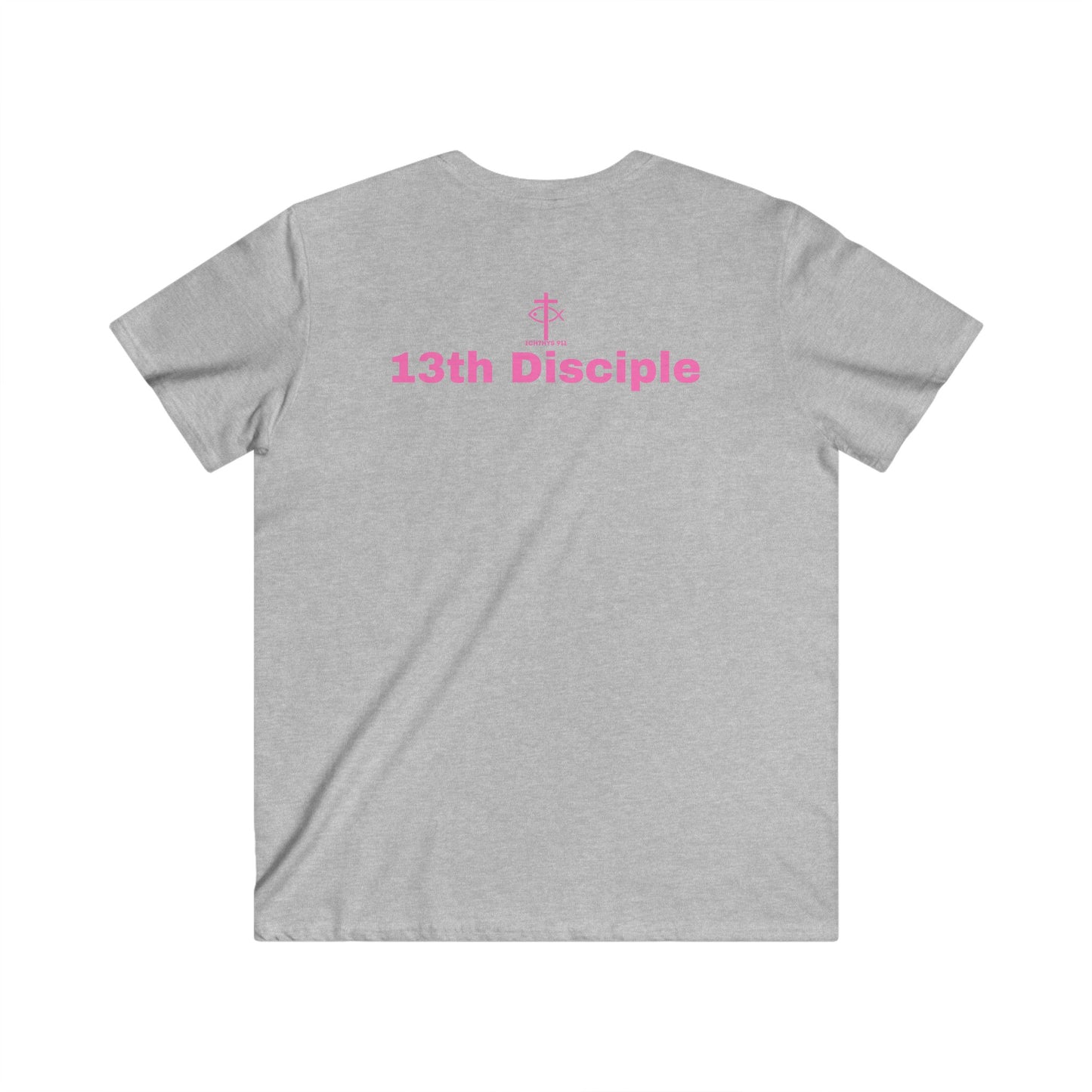 ICHTHYS 911 - Featuring "13th Disciple" Collection - Men's Fitted V-Neck Short Sleeve T - Shirt - W/O IC 911 on Back - Faith-Inspired - Christian Faith - Pink Font