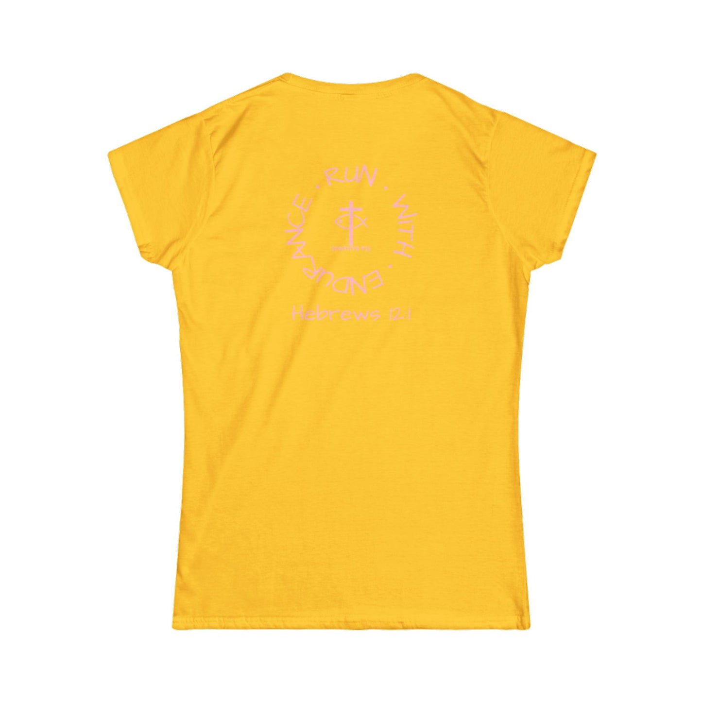 ICHTHYS 911 Pink Font "Run With Endurance" - Inspirational Faith Tee for Women - Wear Your Faith - Hebrews 12:1 - Semi-Fitted