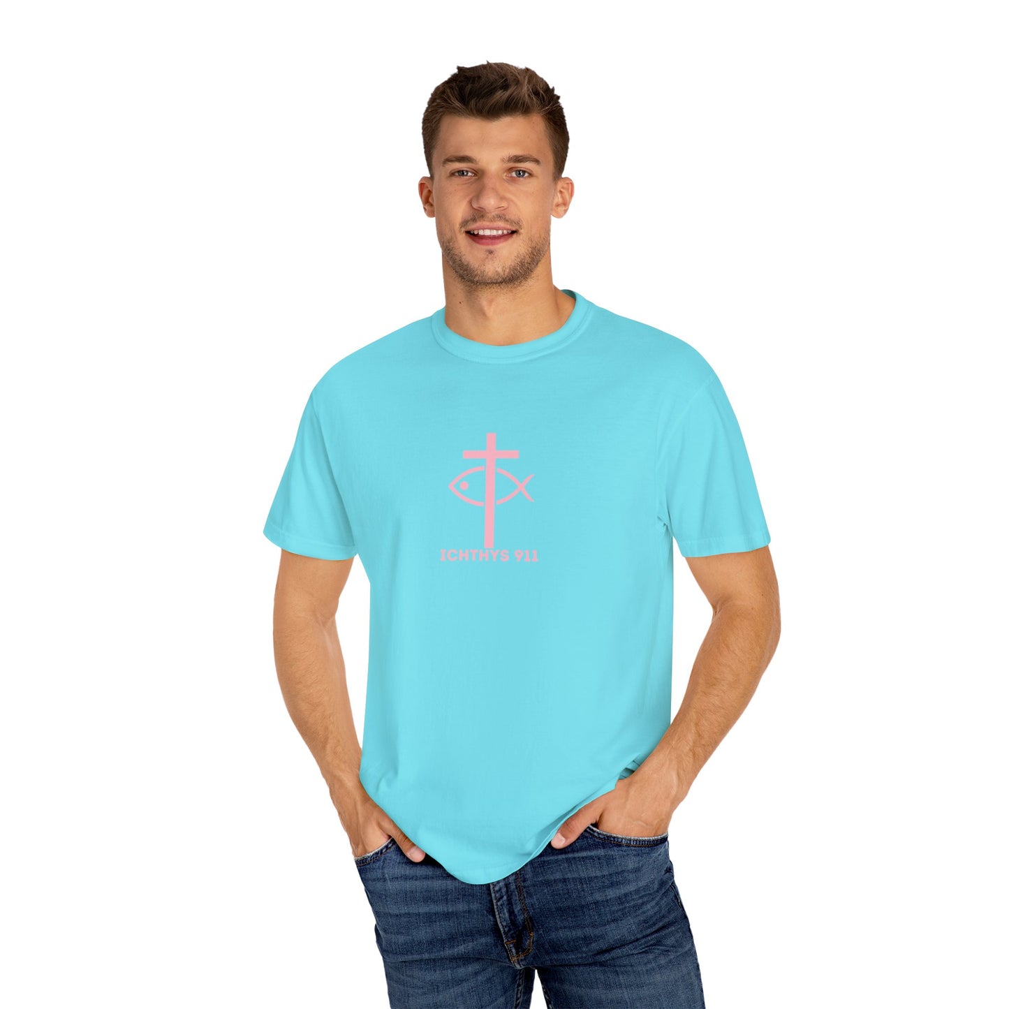 ICHTHYS 911 "Strength Through Christ Philippians 4:13" - Pink Font - Unisex Garment Dyed T-Shirt - 100% US Cotton -Men T-Shirt - Women T-Shirt - Christian Activewear - Wear Your Faith - T-Shirt