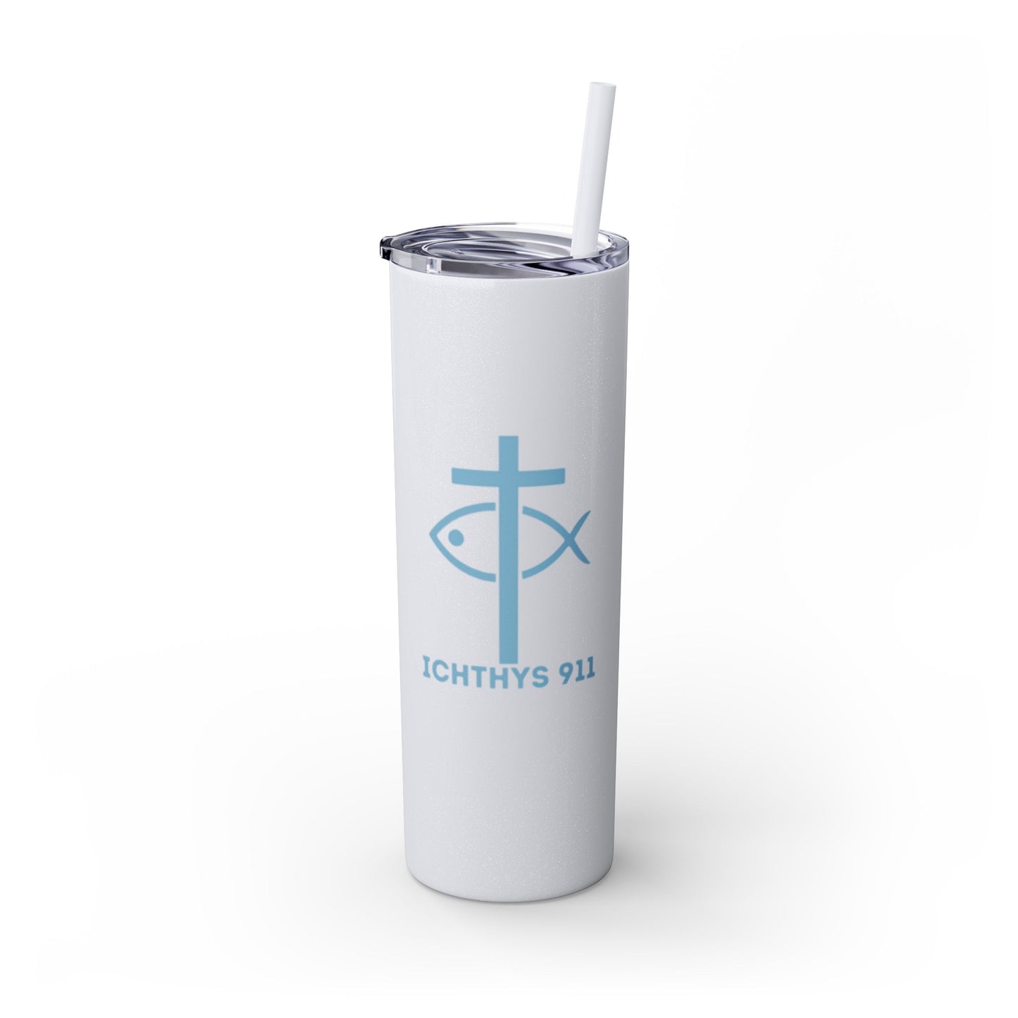 ICHTHYS 911 - Blue Font - Faith-Inspired Skinny Tumbler with Straw - 20oz Baby Shower Drip
