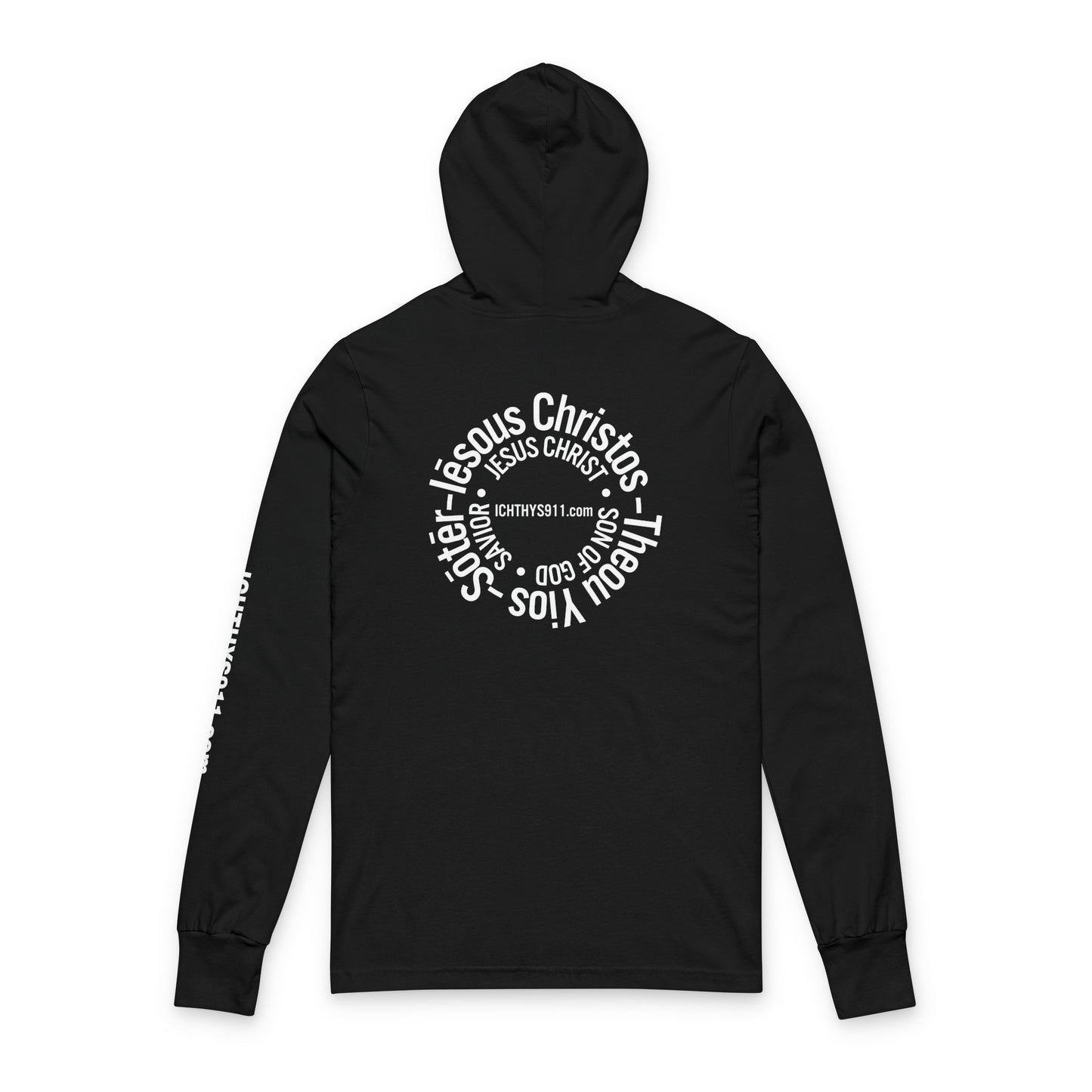 Iēsous Christos, Theou Yios, Sōtēr = Jesus Christ, Son of God, Savior - Unisex - Hooded long Sleeve T - ICHTHYS 911