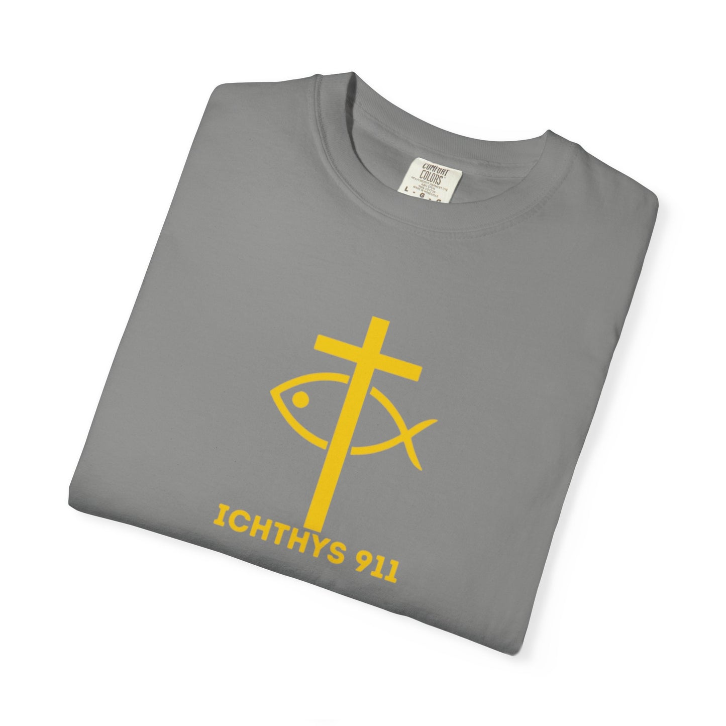 ICHTHYS 911 Gold Font "Faith, Hope, & Love" - Unisex Garment Dyed T-Shirt - 100# US Cotton - Men T-Shirt - Women T-Shirt - Christian T- Shirt -Faith-Inspired Shirt - Christian Fashion - Wear Your Faith