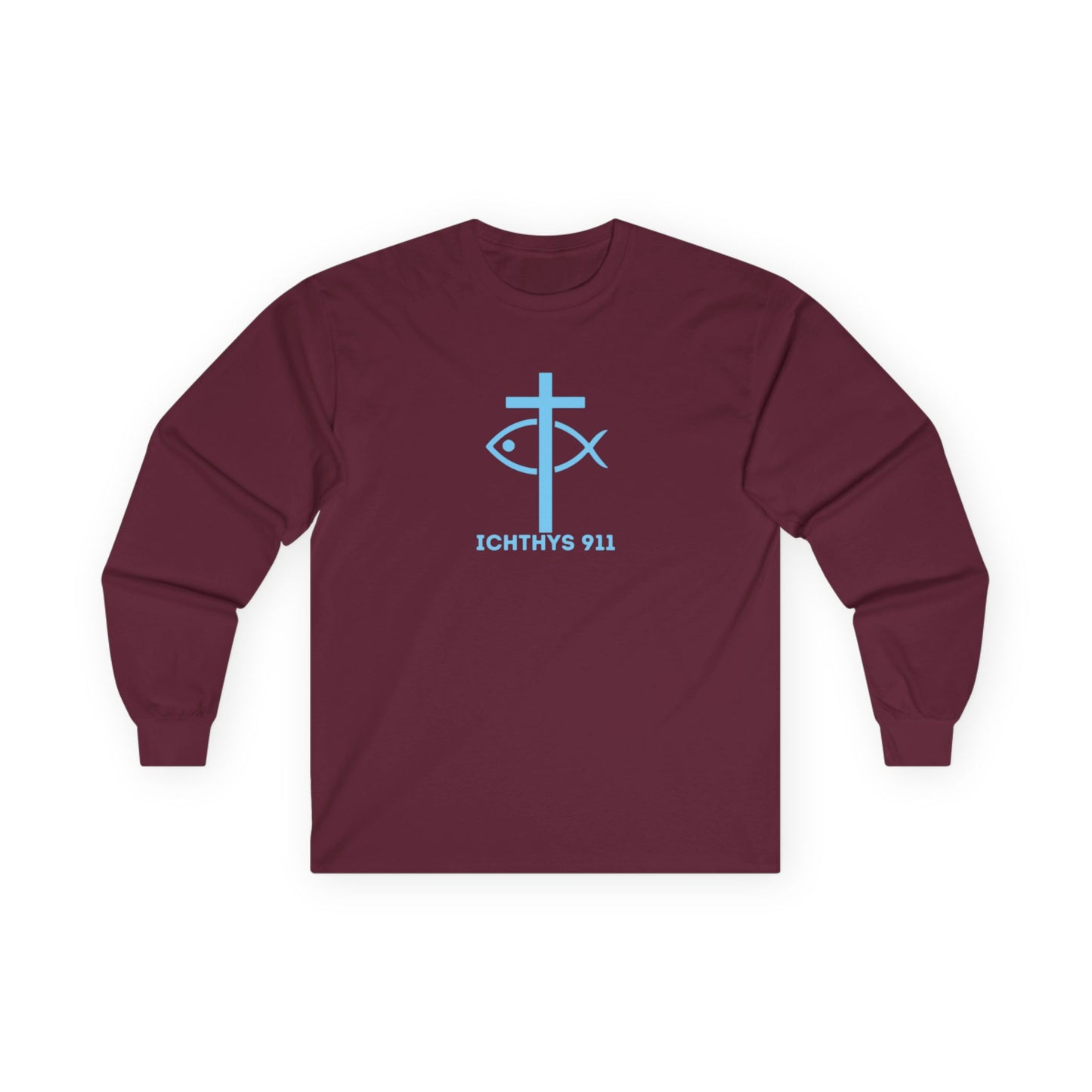 ICHTHYS 911 "Strength Through Christ Philippians 4:13" - Blue Font - Unisex Shirt - Men - Women - Christian Activewear - Wear Your Faith Long Sleeve Tee - Ichthys 911 & Strength Through Christ Philippians 4:13 Design