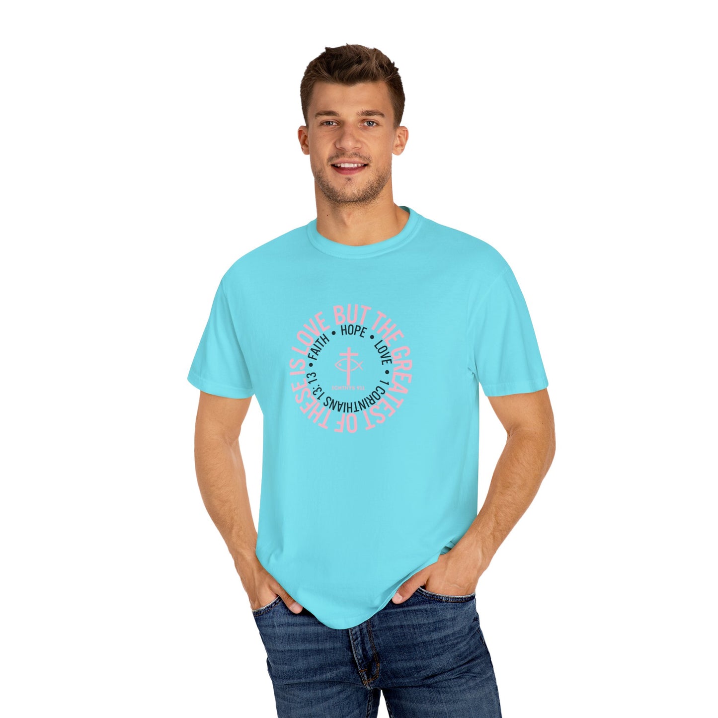 ICHTHYS 911 Pink Font "Faith, Hope, & Love Reverse" - Unisex Garment Dyed T-Shirt - 100% US Cotton - Men T-Shirt - Christian Women Tee - Faith-Inspired Shirt - Christian Fashion - Wear Your Faith