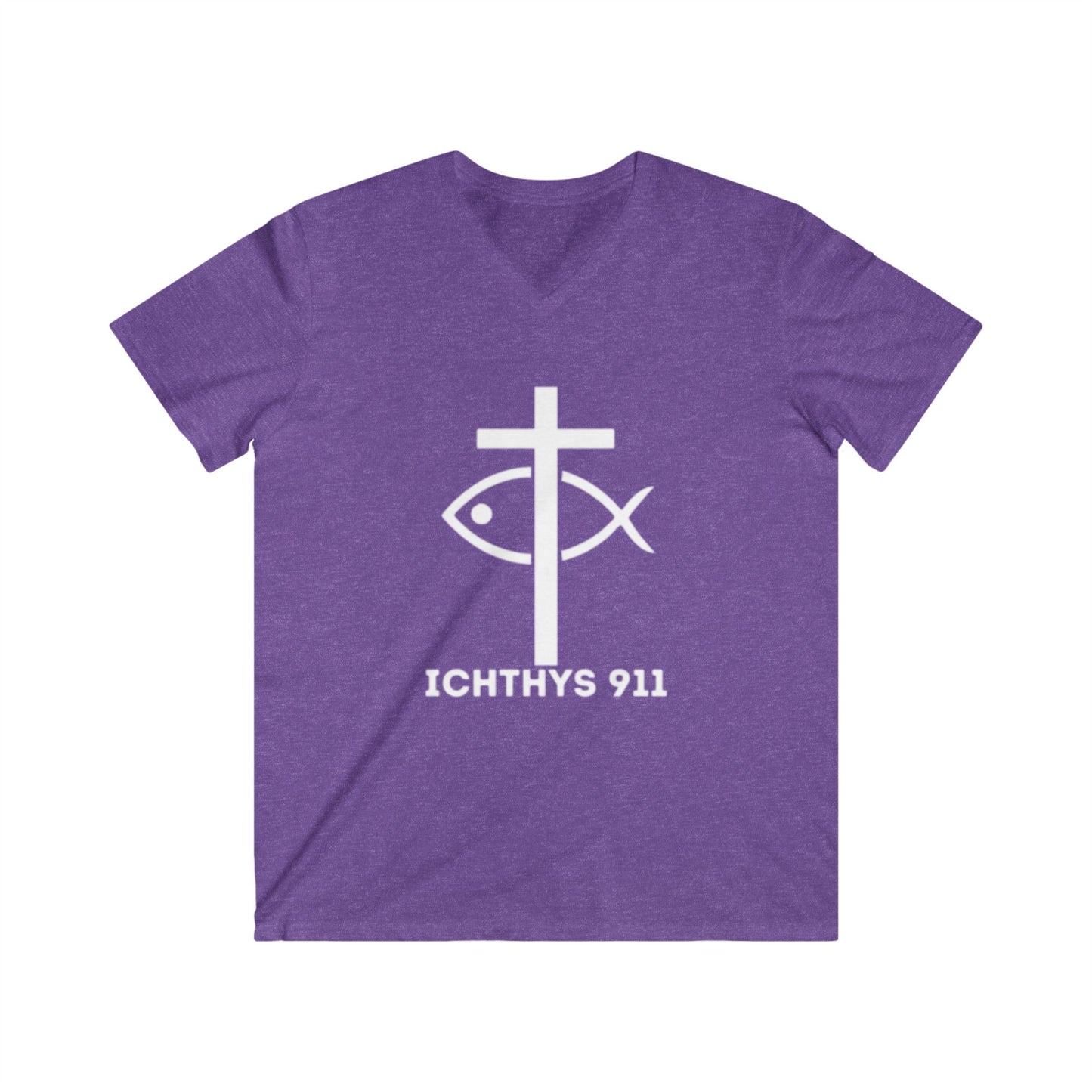 Jesus Christ - Son of God - Savior Collection - Reverse Logo - Men's Fitted V-Neck Short Sleeve T - Shirt - Faith-Inspired - Christian Faith - White Font - ICHTHYS 911 -