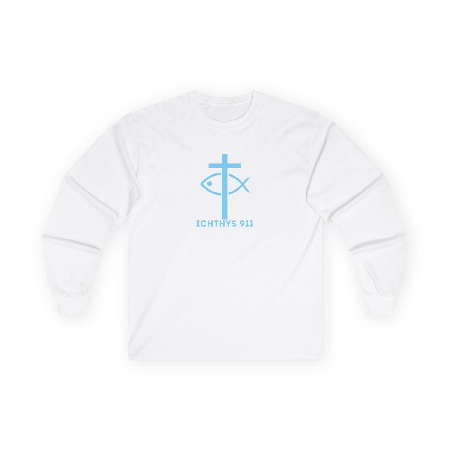 ICHTHYS 911 "Strength Through Christ Philippians 4:13" - Blue Font - Unisex Shirt - Men - Women - Christian Activewear - Wear Your Faith Long Sleeve Tee - Ichthys 911 & Strength Through Christ Philippians 4:13 Design