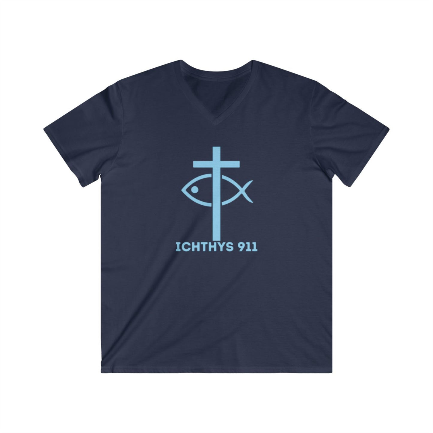 13th Disciple Christian Theme Men's V-Neck Tee - Faith-Inspired Short Sleeve T-Shirt ICHTHYS 911 t-shirts featuring “13th Disciple” on the back (or front) and  ICHTHYS 911 logo on the opposite side. (Copy)