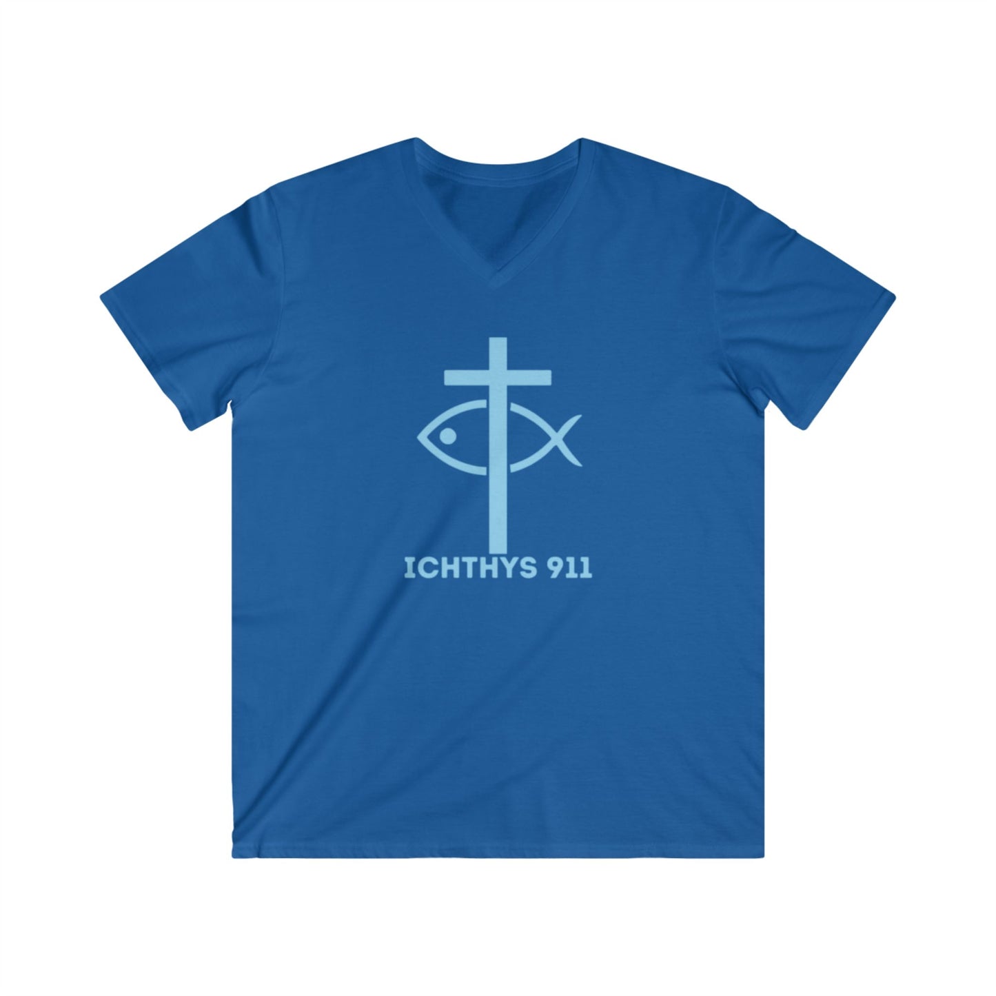 13th Disciple Christian Theme Men's V-Neck Tee - Faith-Inspired Short Sleeve T-Shirt ICHTHYS 911 t-shirts featuring “13th Disciple” on the back (or front) and  ICHTHYS 911 logo on the opposite side. (Copy)