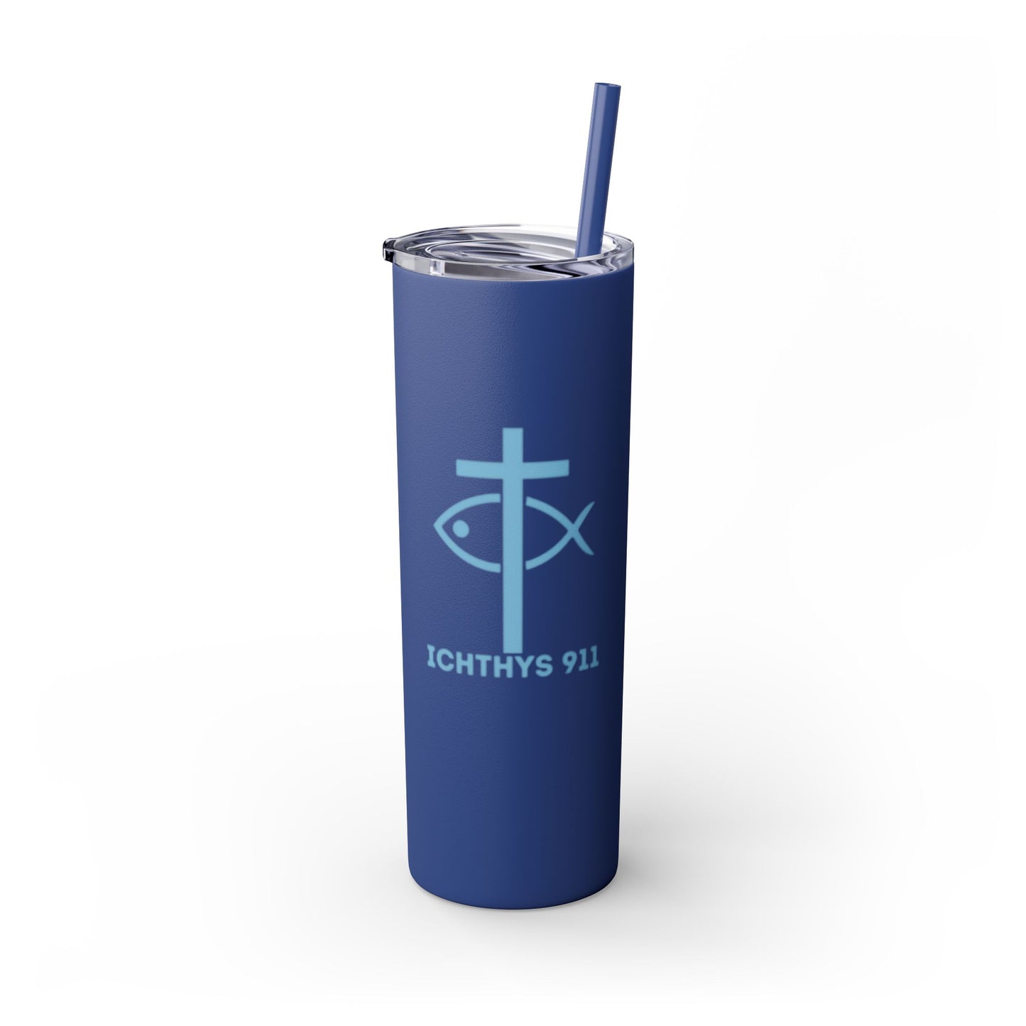 ICHTHYS 911 Pink & Blue Faith-Inspired Skinny Tumbler with Straw - 20oz Baby Shower Drip - Party Favor