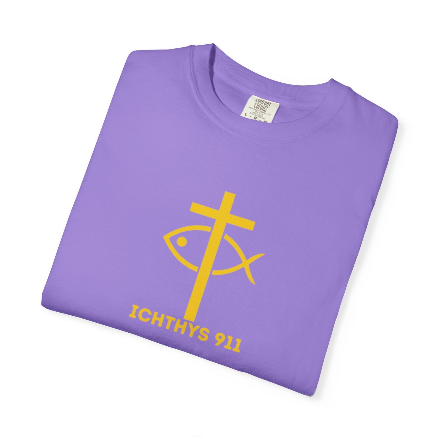 ICHTHYS 911 Gold Font "Faith, Hope, & Love" - Unisex Garment Dyed T-Shirt - 100# US Cotton - Men T-Shirt - Women T-Shirt - Christian T- Shirt -Faith-Inspired Shirt - Christian Fashion - Wear Your Faith
