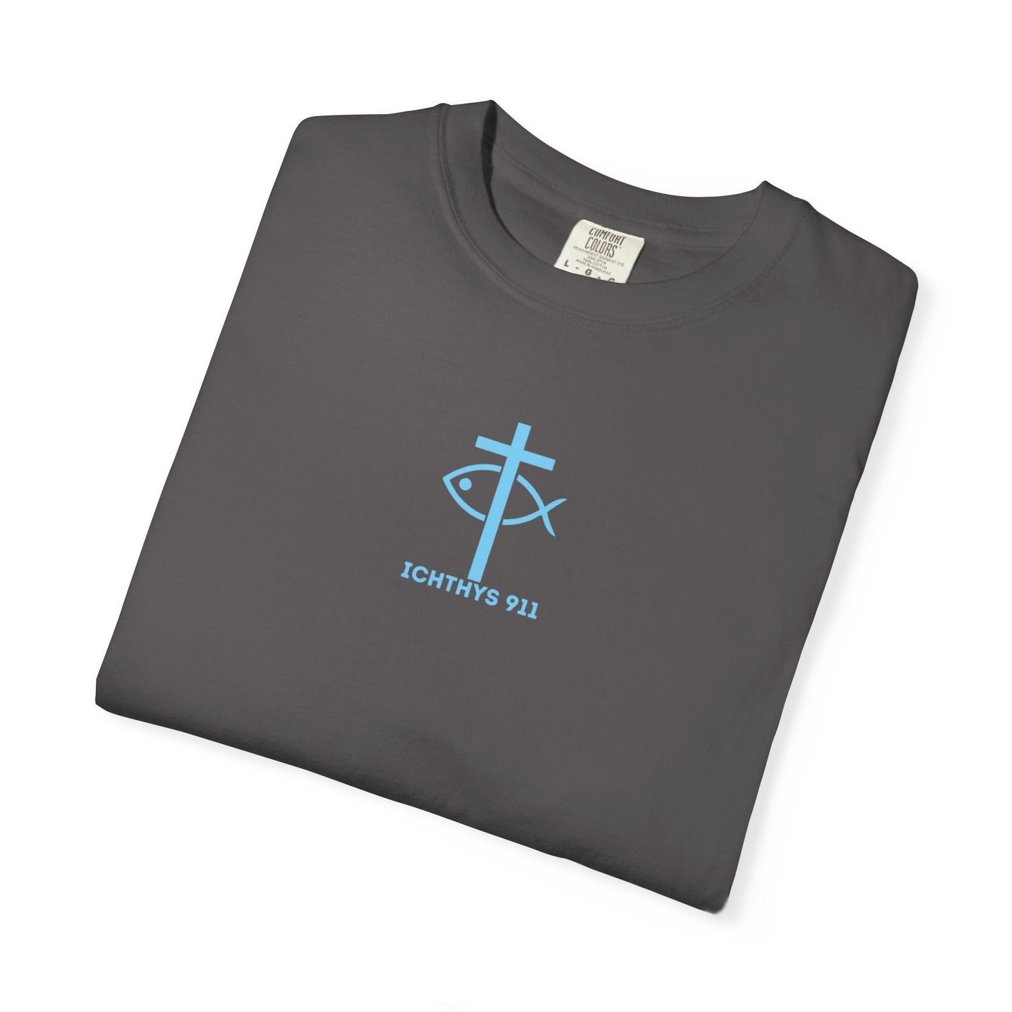 ICHTHYS 911 - "ICHTHYS Round" Blue Font  - Christian Streetwear T-Shirt  – Unisex Garment-Dyed T-Shirt - Men T-Shirt - Women T-Shirt - Jesus Gym & Faith Fashion,