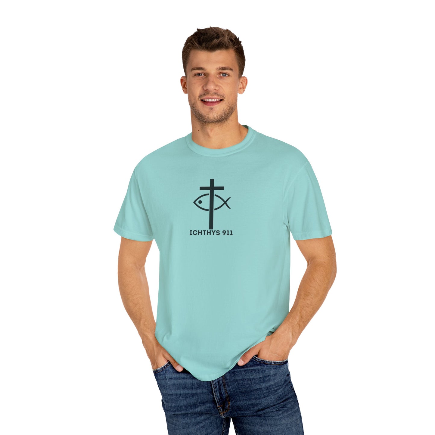 ICHTHYS 911 - Black Font "Faith Driven" - Unisex Garment Dyed T - Shirt - 100% US Cotton -  Men - T - Women T-Shirt - Christian Inspirational Tee - Garment Dyed