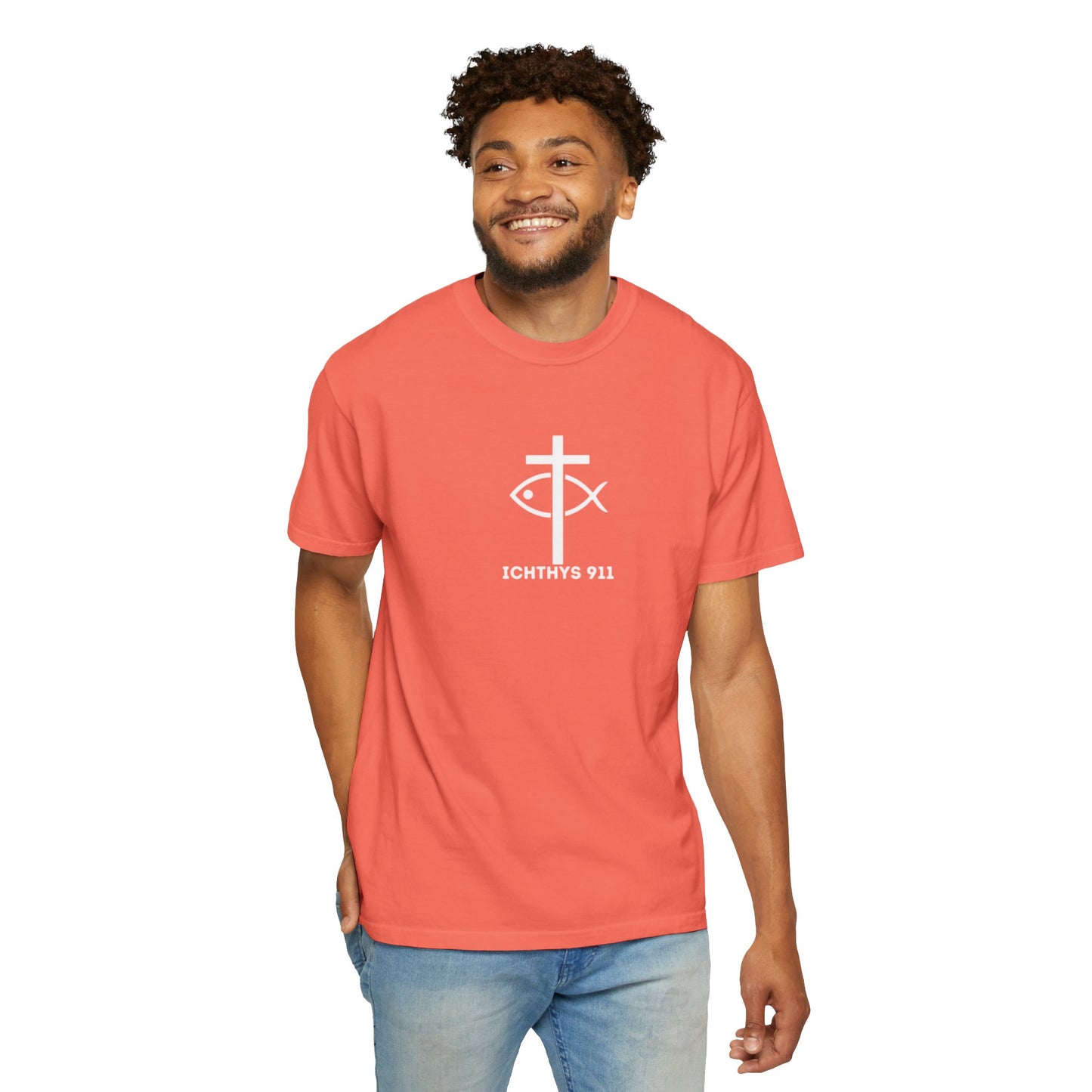 ICHTHYS 911 - 13th Disciple Collection - Christian Streetwear T-Shirt / Sweatshirt – Jesus Gym & Faith Fashion, Unisex Garment-Dyed T-Shirt White Font