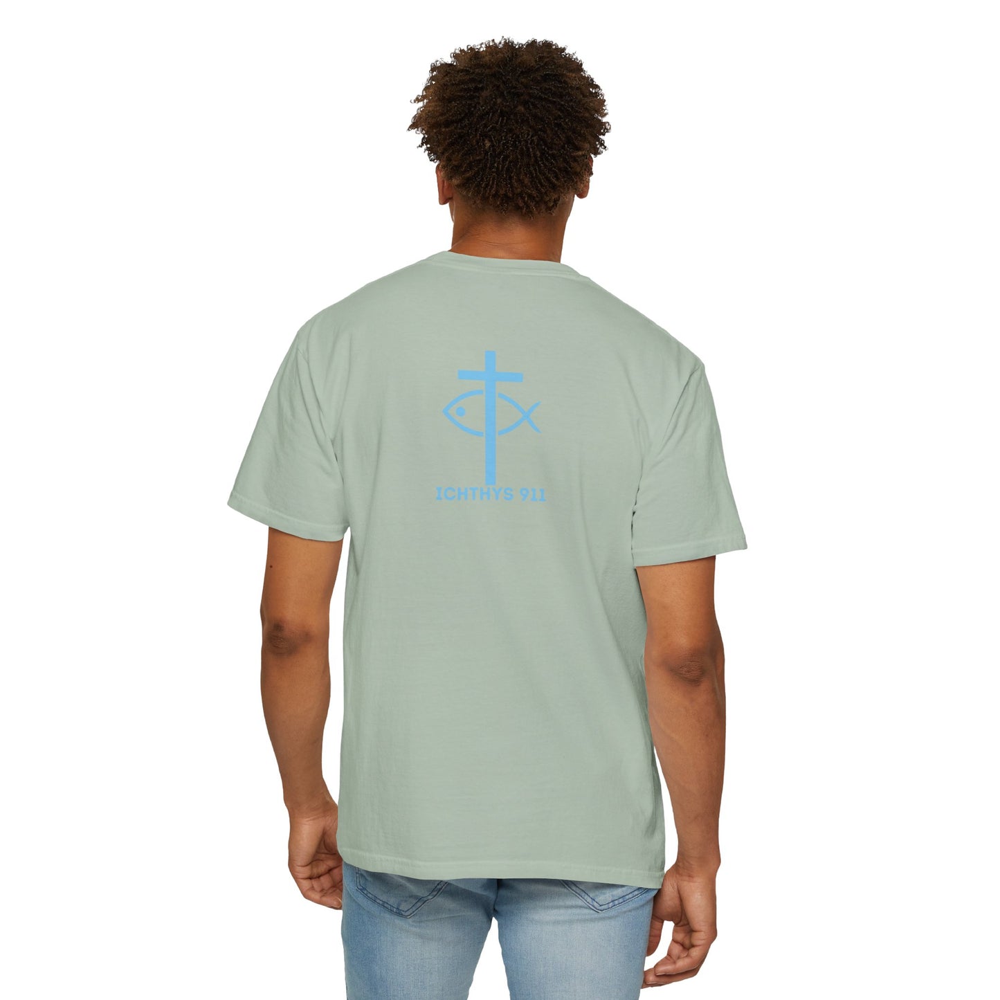 ICHTHYS 911 Blue Font "Iēsous Christos, Theou Yios, Sōtēr" - Reverse - Collection - Unisex - Christian Graphic Tee - Gym - T - Christian Faith - Jesus Wear - Women T-Shirt - Men T-Shirt