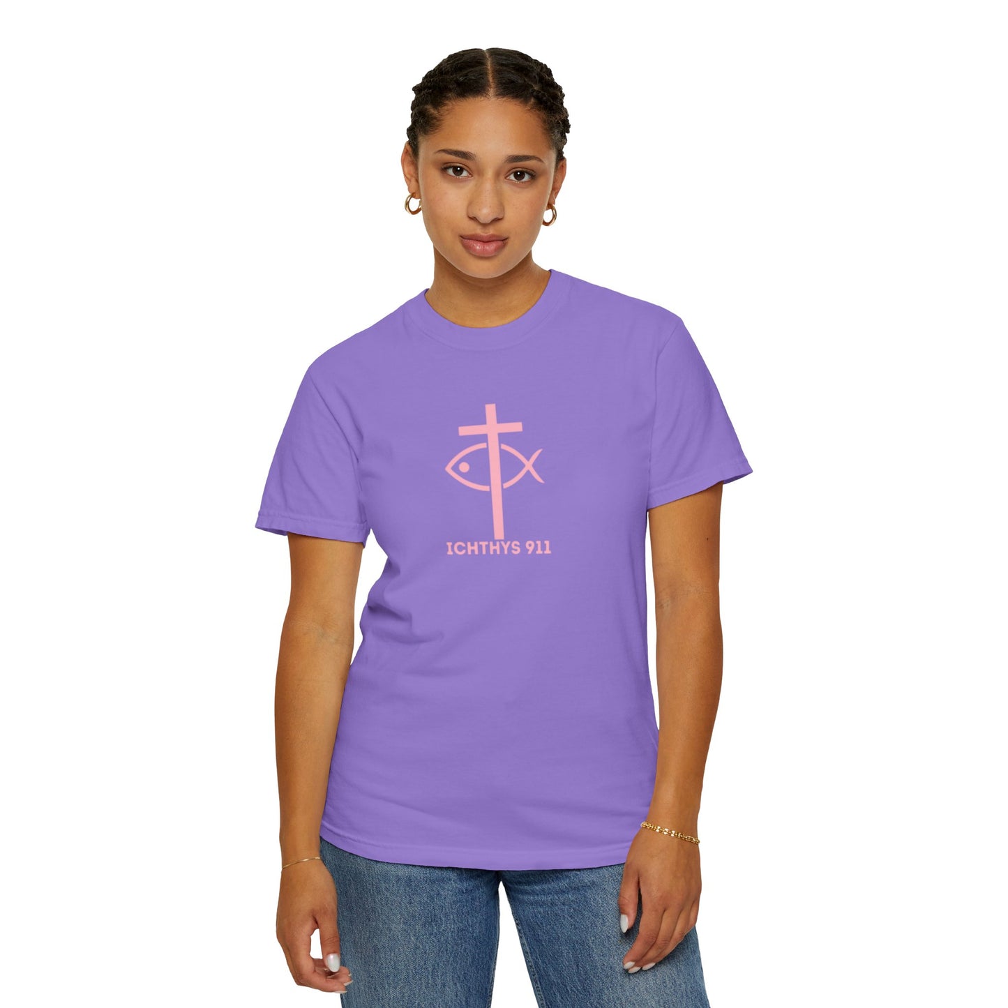 ICHTHYS 911 Pink Font "Faith, Hope, & Love" - Unisex Garment Dyed T-Shirt - 100% US Cotton - Men T-Shirt - Christian Women Tee - Faith-Inspired Shirt - Christian Fashion - Wear Your Faith - Additional Colors Added