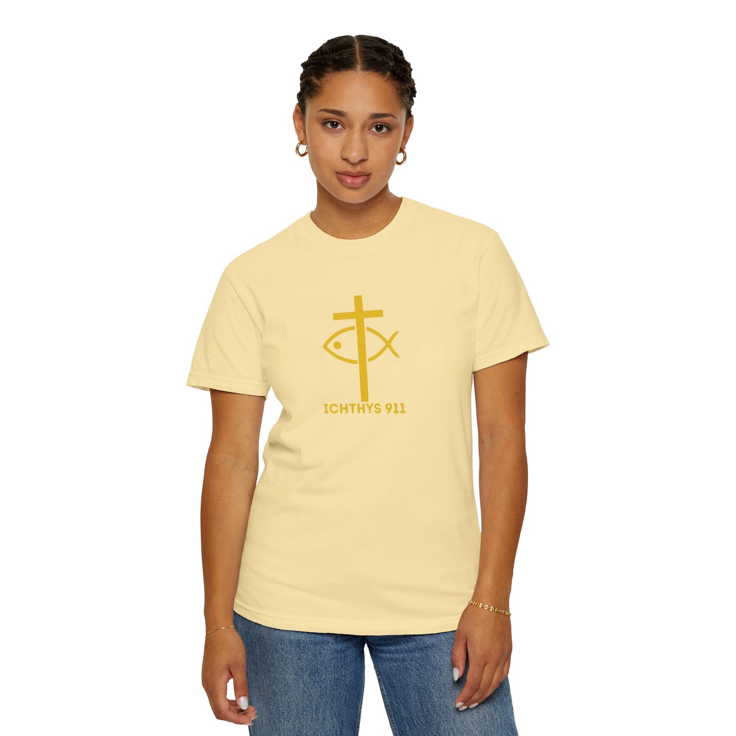 "Jesus Christ Son of God Savior" - Gold Font - Unisex Garment Dyed T- Shirt - Men T-Shirt - Women T-Shirt - Christian Streetwear T-Shirt – Jesus Gym & Faith Fashion,ICHTHYS 911 -