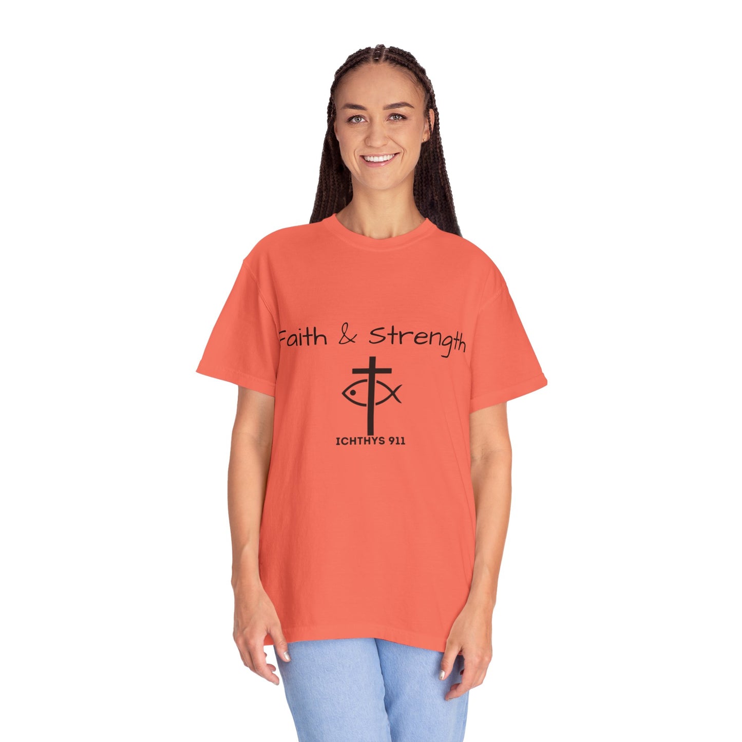 ICHTHYS 911 "Faith & Strength" Reverse - Black Font - Unisex Garment -Dyed Tee - 100% US Cotton - Men T-Shirt - Women T-Shirt - Inspirational Christian Shirt - Very Good Quality and Feel
