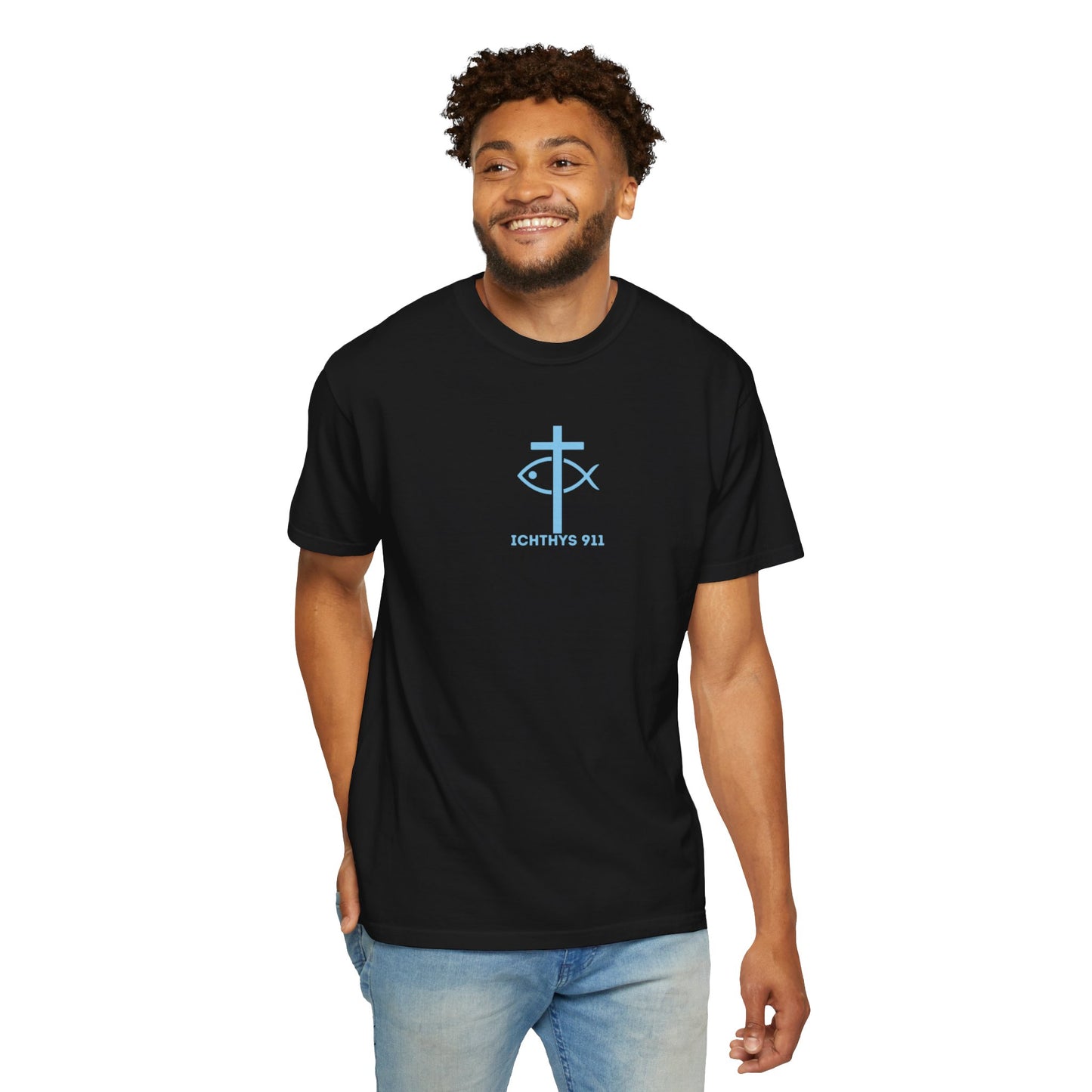 ICHTHYS 911 Black Font - "Run With Endurance Hebrews 12:1" - Unisex Garment Dyed T-Shirt -100% US Cotton - Men T-Shirt - Women T-Shirt - Bible Verse - Christian Faith - Christian Workout
