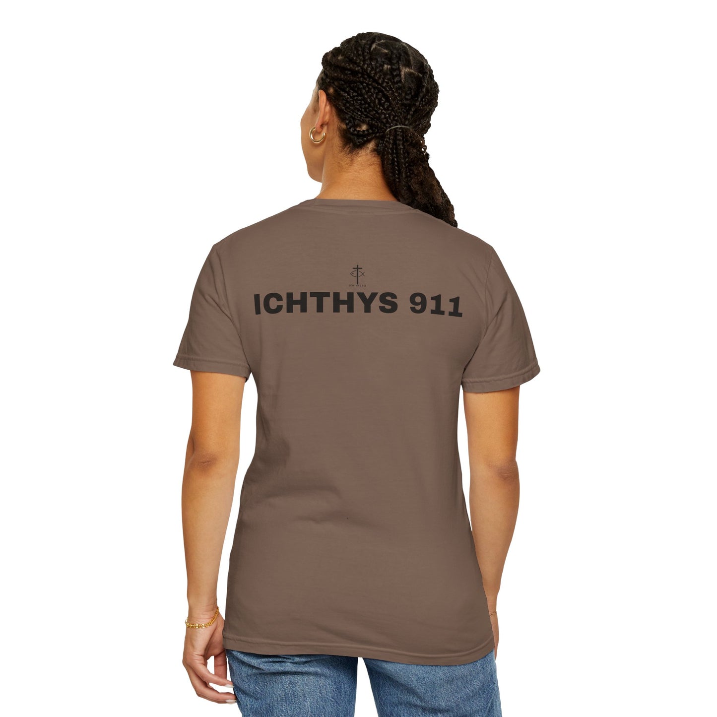 ICHTHYS 911 - Authentic - Christian Streetwear T-Shirt – Jesus Gym & Faith Fashion - Men T-Shirt - Women T-Shirt -Unisex Garment-Dyed T-Shirt Black Font