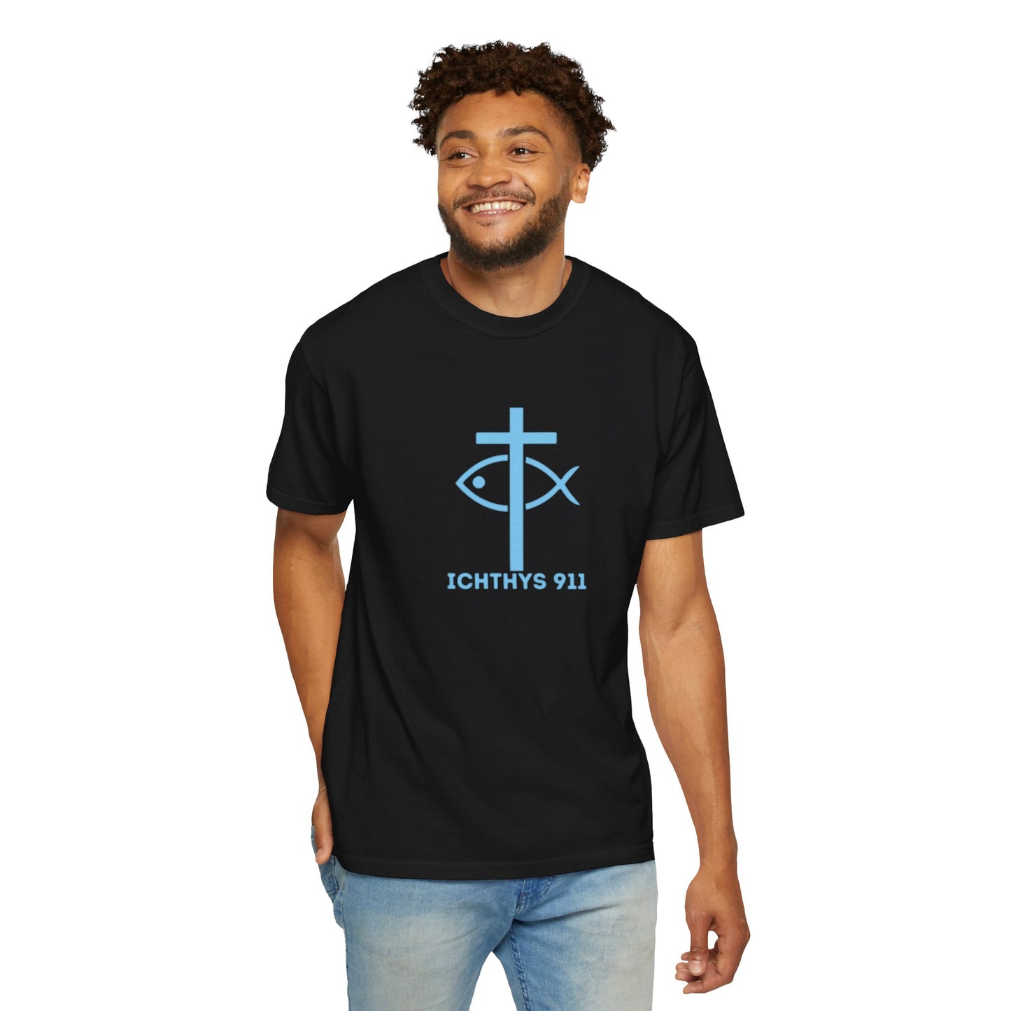 ICHTHYS 911 "Strength Through Christ Philippians 4:13" - Blue Font - Unisex Garment Dyed T- Shirt - 100% US Cotton -Men T-Shirt - Women T-Shirt- Christian Activewear - Wear Your Faith
