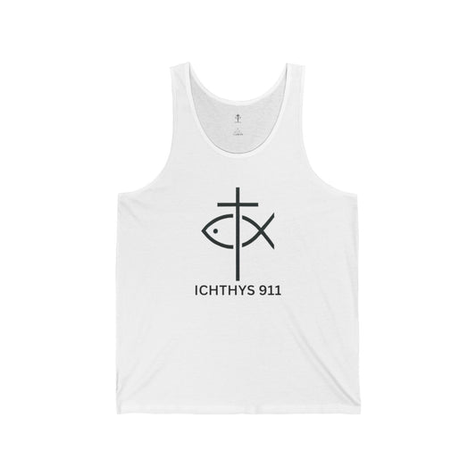 Run With Endurance T-Shirt – Hebrews 12:1 Inspirational Christian Tee - ICHTHYS 911 Unisex Jersey Tank Top - Casual Christian Symbol Graphic Tank Top