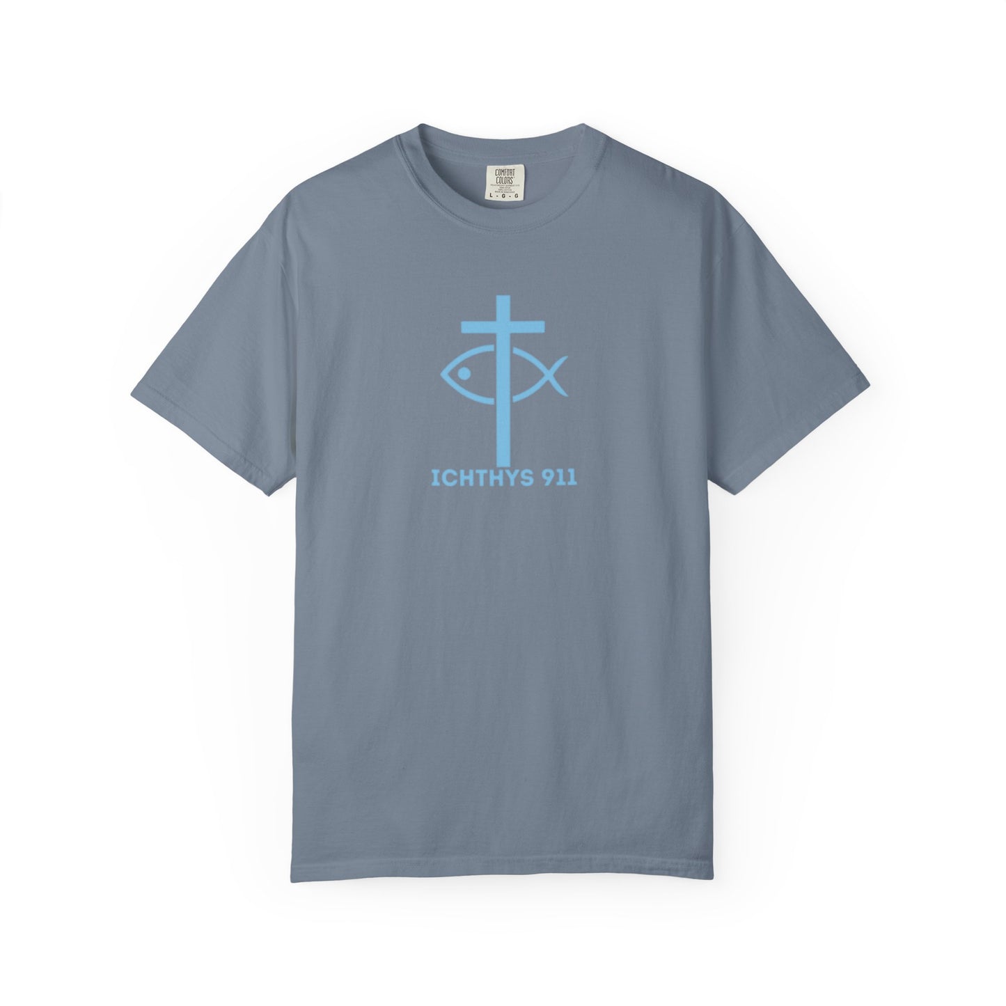 Iēsous Christos, Theou Yios, Sōtēr - Blue Font - Garment-Dyed Unisex T-Shirt - 100# US Cotton -Men T-Shirt - Women T-Shirt - Faith Inspired - Unisex Garment - ICHTHYS 911 - Blue Font - Heavy Duty Shirt