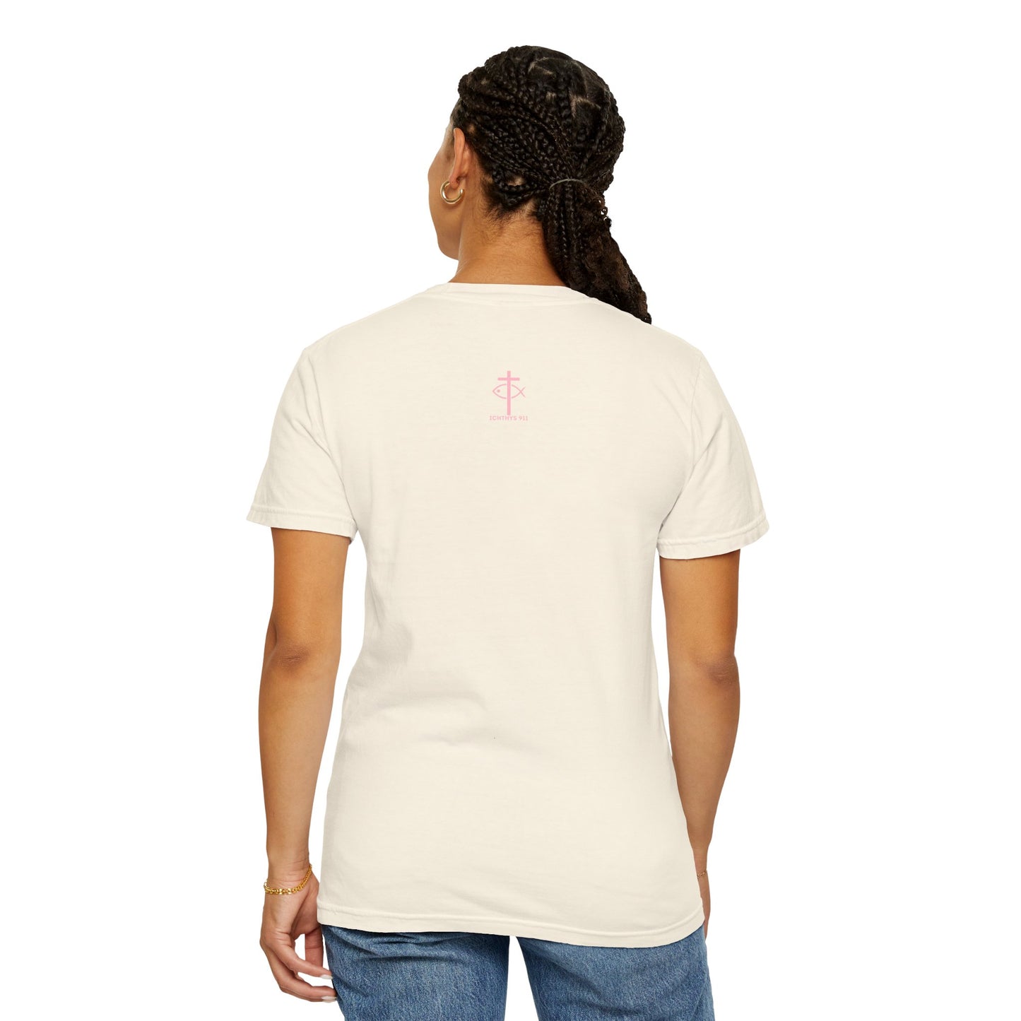 ICHTHYS 911 - Authentic - W/O IC 911 on Back -Christian Streetwear T-Shirt – Jesus Gym & Faith Fashion, Unisex Garment-Dyed T-Shirt Soft Pink Font