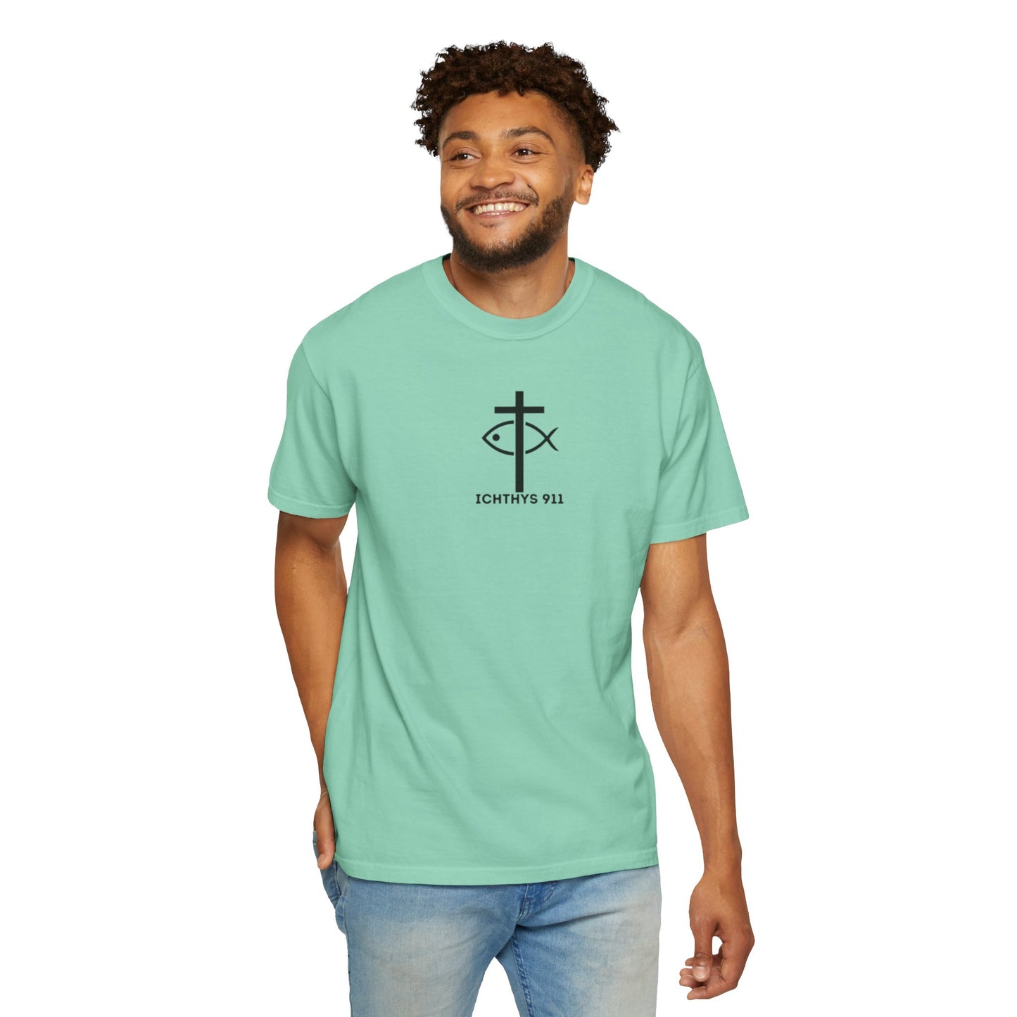 ICHTHYS 911 Black Font - "Run With Endurance Hebrews 12:1" - Unisex Garment Dyed T-Shirt -100% US Cotton - Men T-Shirt - Women T-Shirt - Bible Verse - Christian Faith - Christian Workout