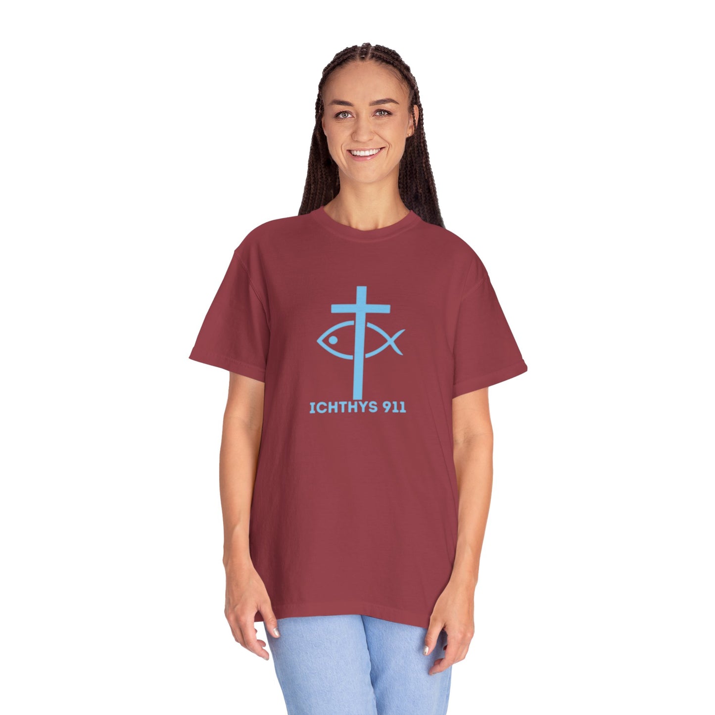 ICHTHYS 911 "Strength Through Christ Philippians 4:13" - Blue Font - Unisex Garment Dyed T- Shirt - 100% US Cotton -Men T-Shirt - Women T-Shirt- Christian Activewear - Wear Your Faith
