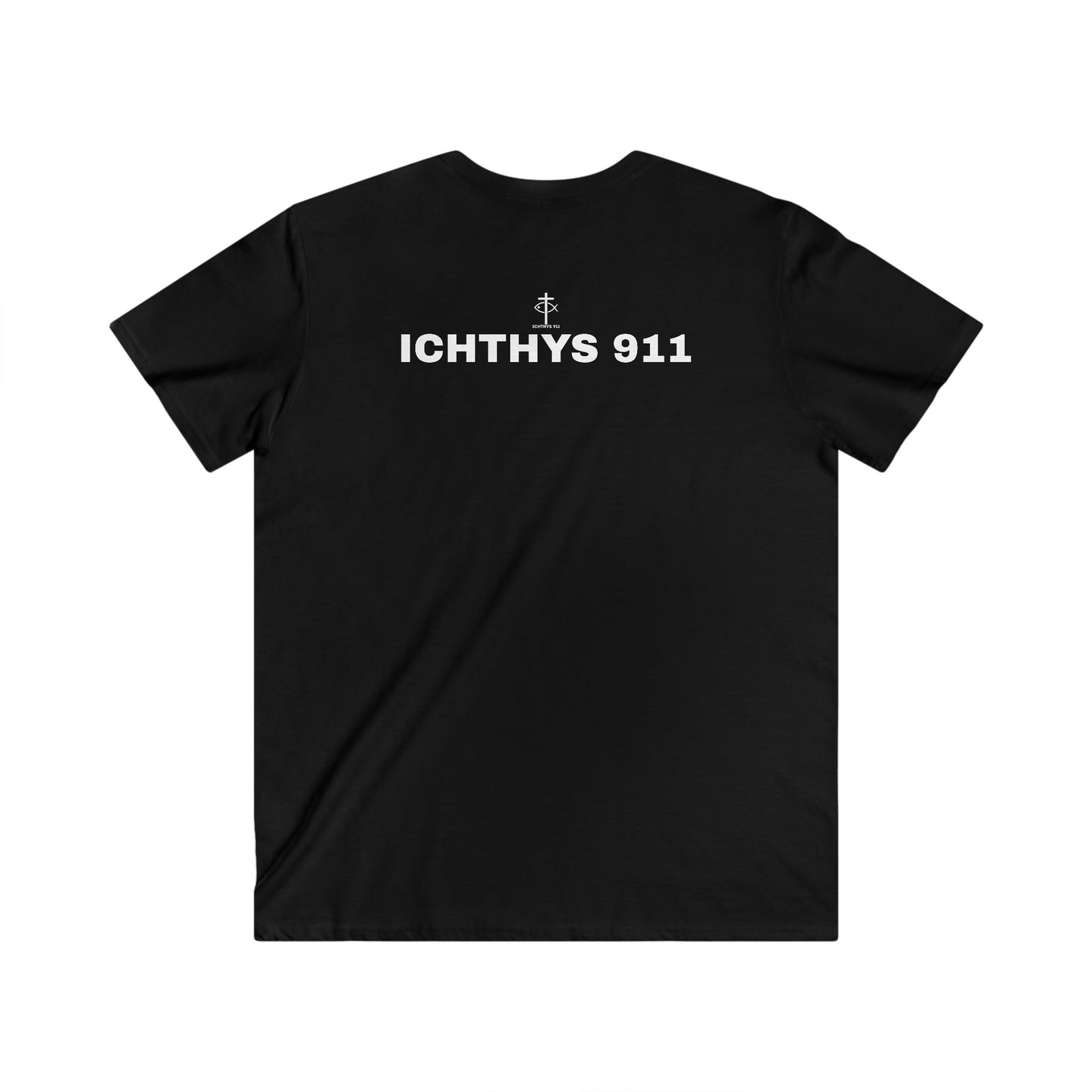 ICHTHYS 911 - White Font - "Authentic" - Men's Fitted V-Neck Tee - Casual Comfort for Everyday Wear