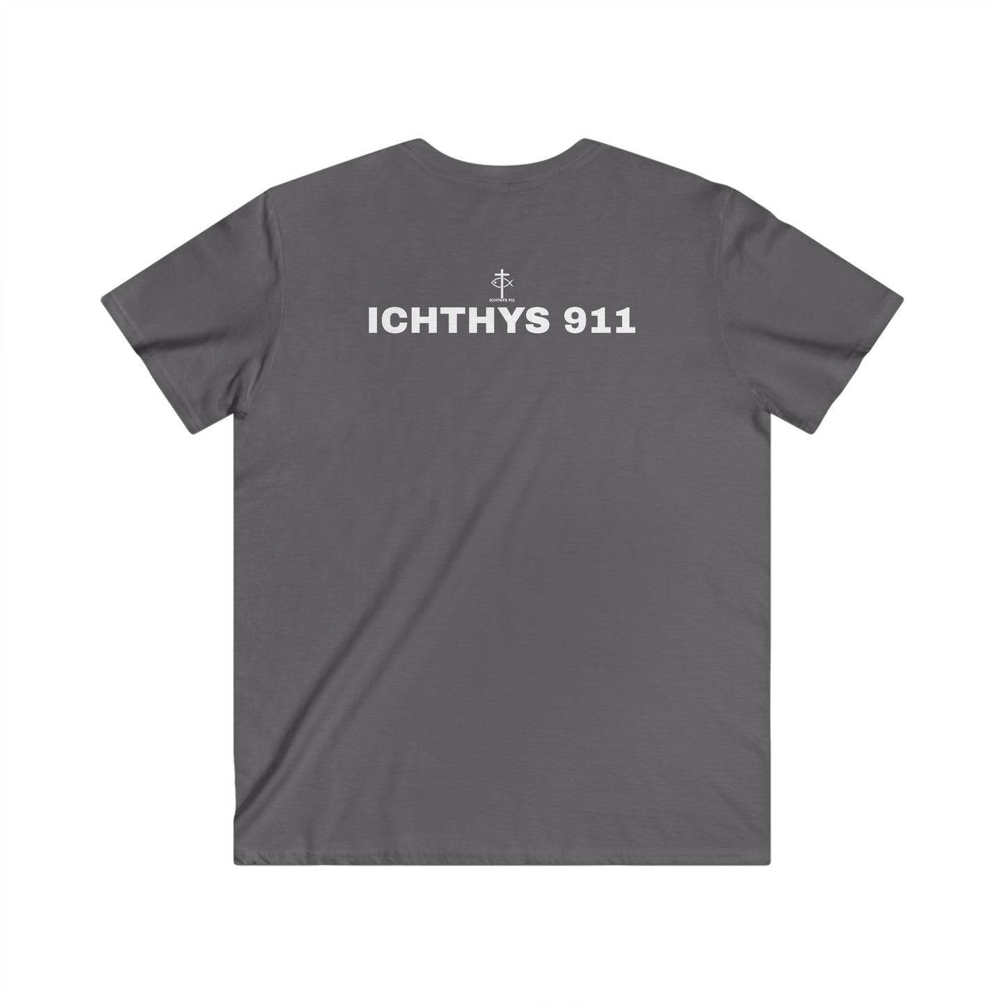 ICHTHYS 911 - White Font - "Authentic" - Men's Fitted V-Neck Tee - Casual Comfort for Everyday Wear